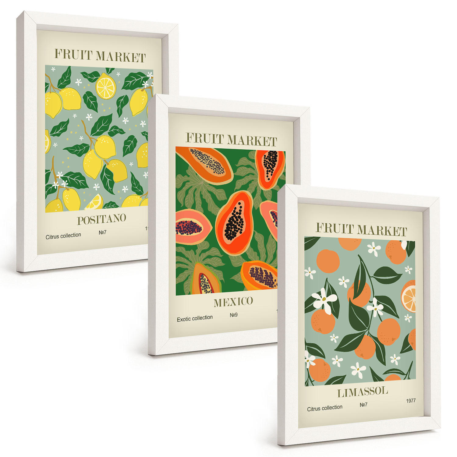 BILDER SET 3er Set - 20x30 cm Weißer Rahmen - Fruchtposter Zitronen Papayas - Weiß, Kunststoff (20/30cm) - TULUP