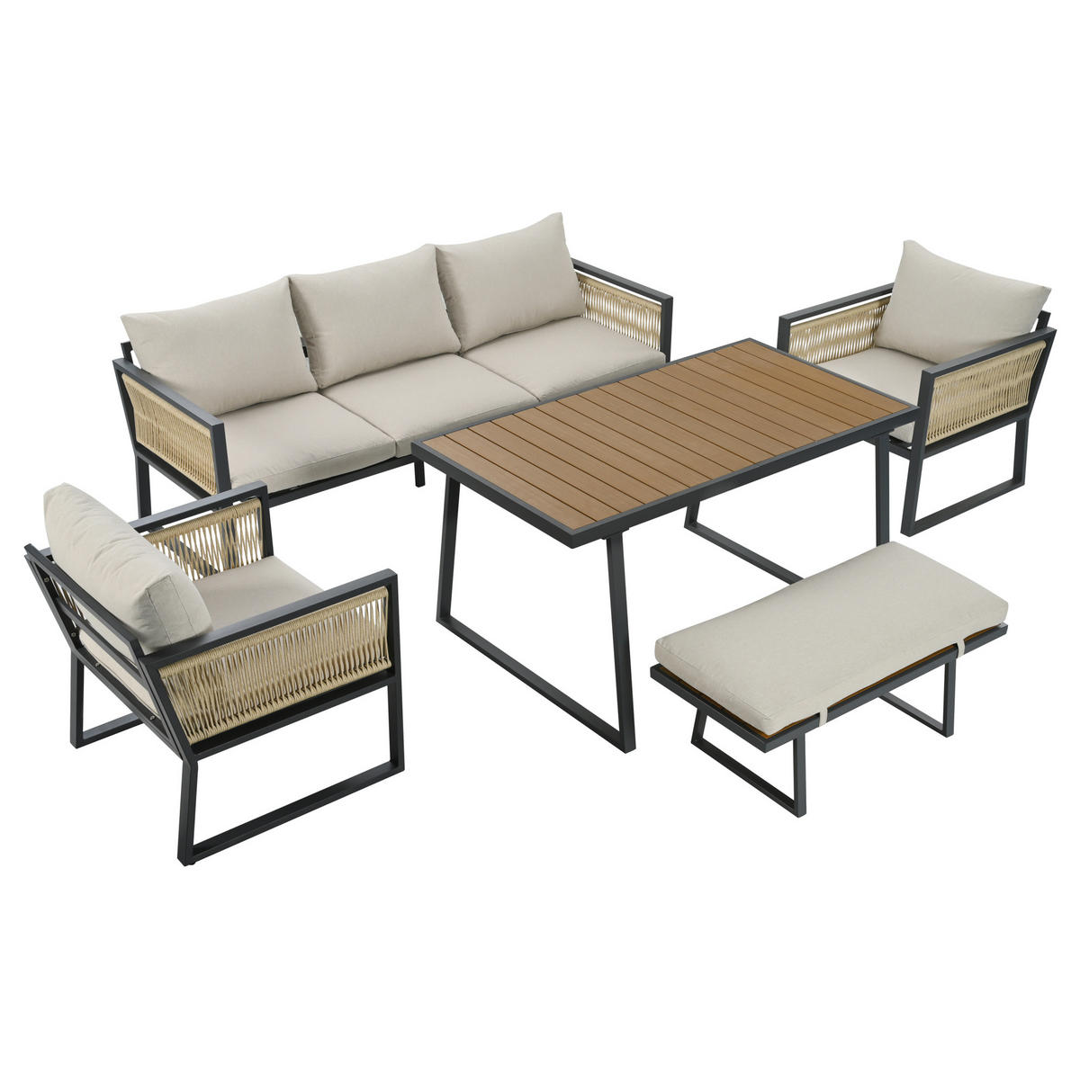 GARTENMÖBEL-SET 187/67/63 cm beige aus verzinktem Stahl und Polyester mit Kunststoffholz-Tischplatte - Beige, Textil - OKWISH
