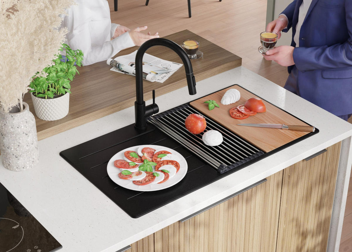 SPÜLBECKEN Kopenhagen, 2-er set Alles Schwarz 90/50 cm 1 Becken + Ablauf-Set + Schneidebrett ab 60er Unterschrank - Beige/Schwarz, Kunststoff (90/20/50cm) - Primagran