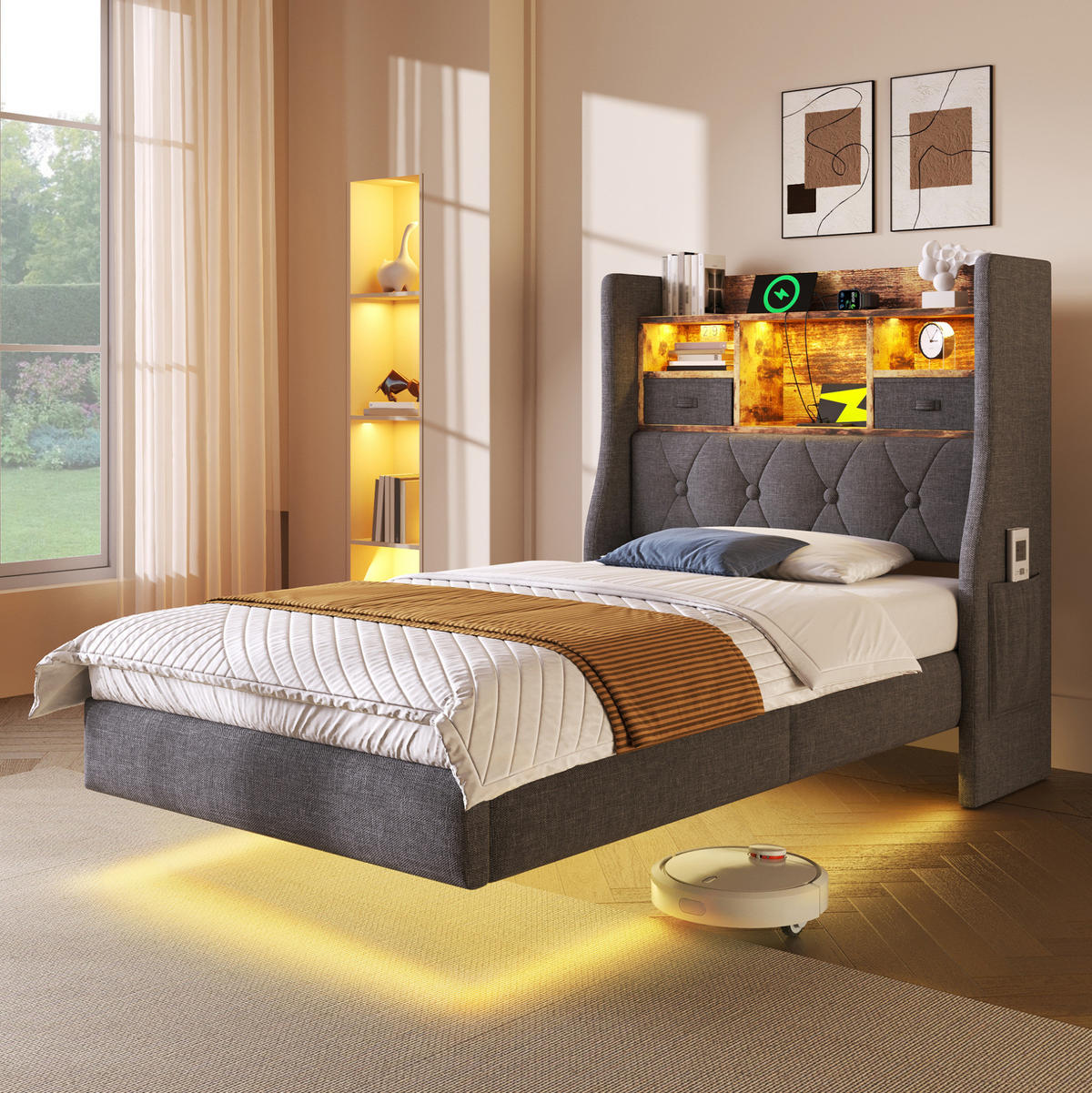 POLSTERBETT 90/200 cm Grau mit Matratze, LED-Beleuchtung und USB-Anschlüssen - Grau, Textil (90/200cm) - Flora Grace