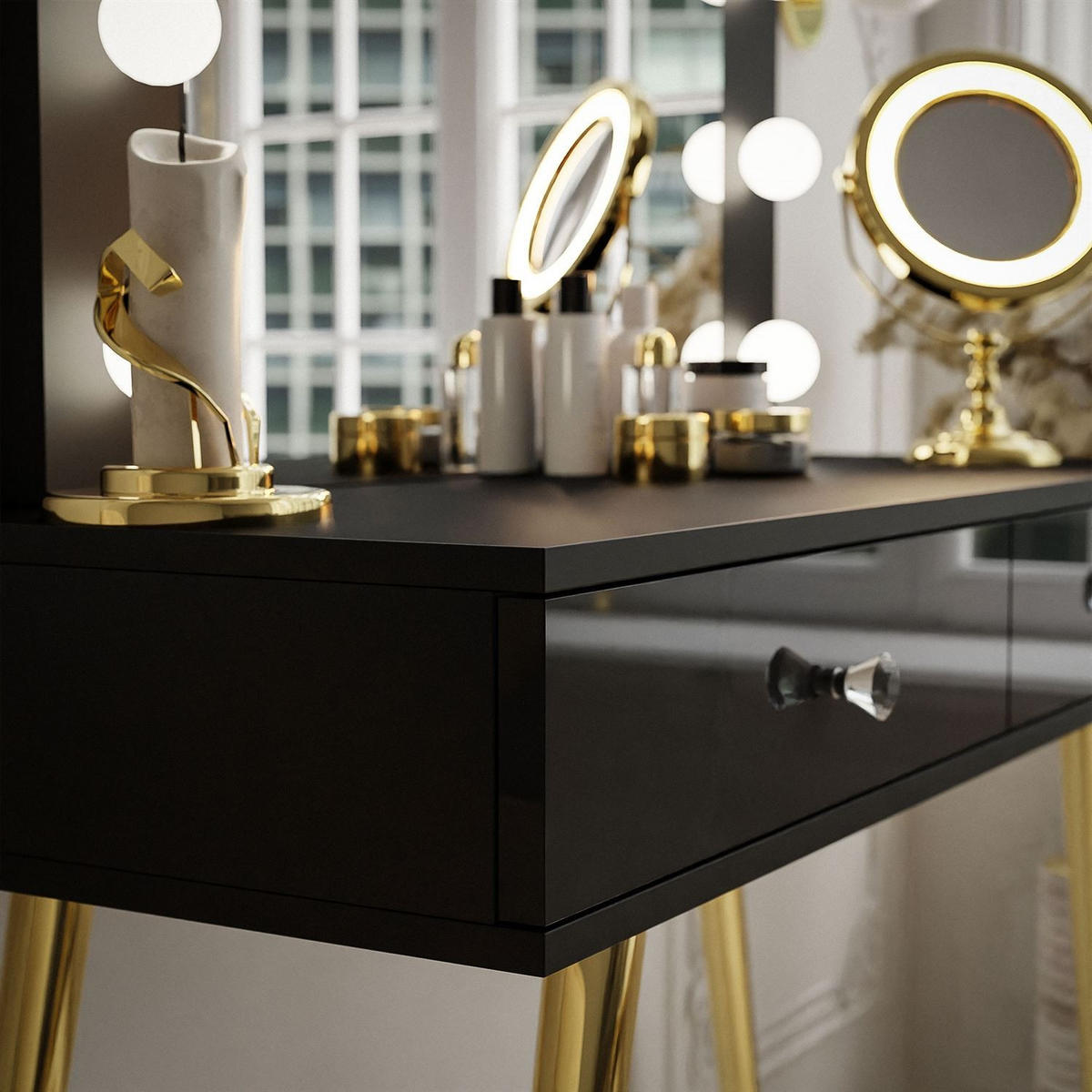 Schminktisch SIENNA GOLD mit Schubladen auf goldenen Beinen - Schwarz Hochglanz/Goldfarben, Holzwerkstoff (100/81/42cm)