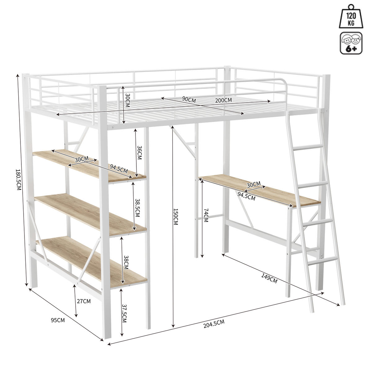 HOCHBETT 90/200 cm Weiß Metallbett mit Schreibtisch und Ablagen - Weiß, Holzwerkstoff (90/200cm) - OKWISH