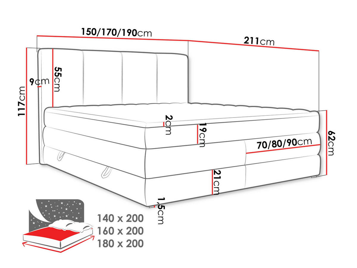 BOXSPRINGBETT Point - Hellgrau, Holz/Holzwerkstoff (140/200cm) - MIRJAN24