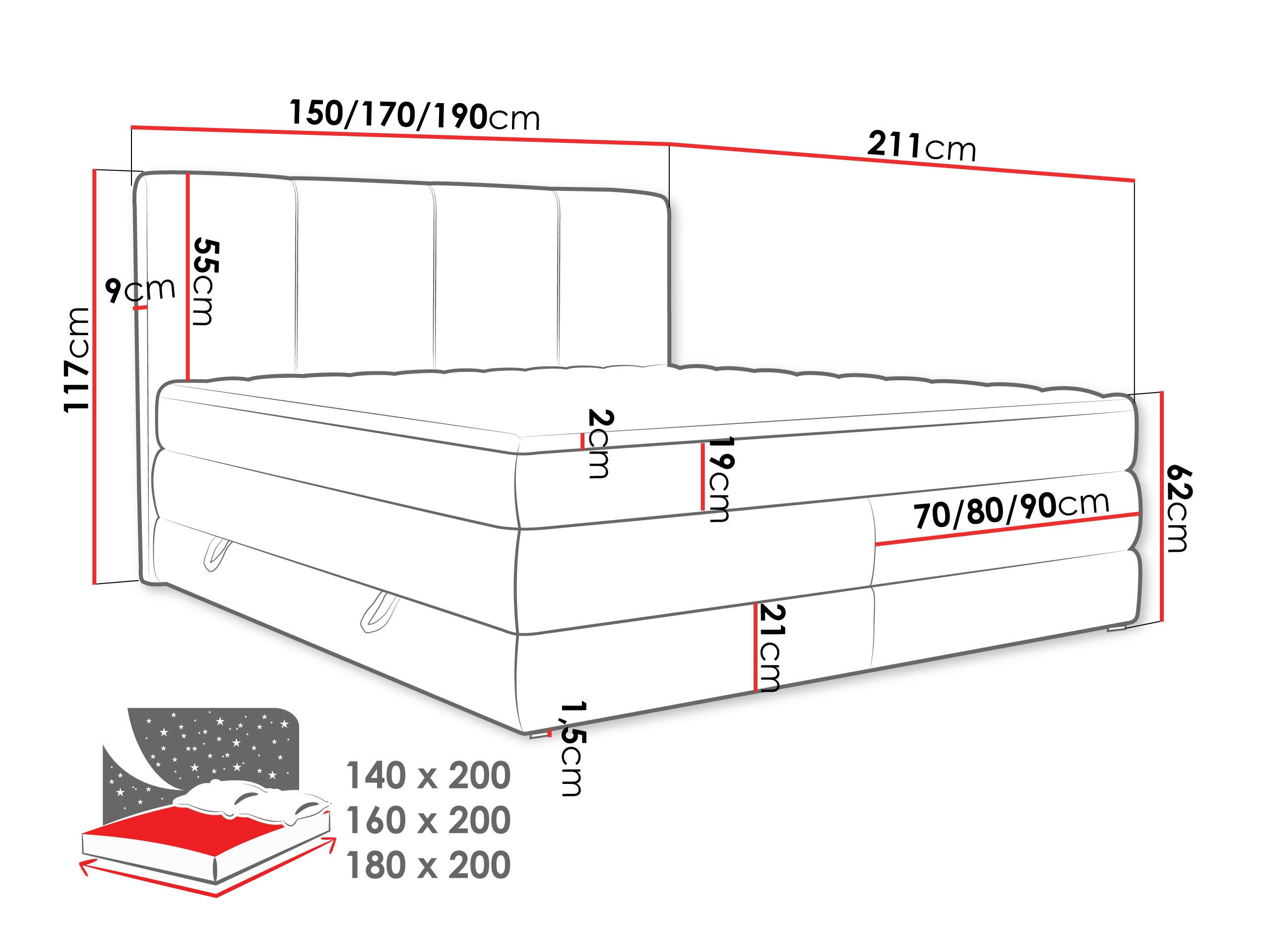 Thumbnail - Mirjan24 Boxspringbett, Dunkelgrau, Textil, H3, Höhe ca. 19 cm, Rechteckig, 140x200 cm, Schlafzimmer, Betten, Boxspringb...