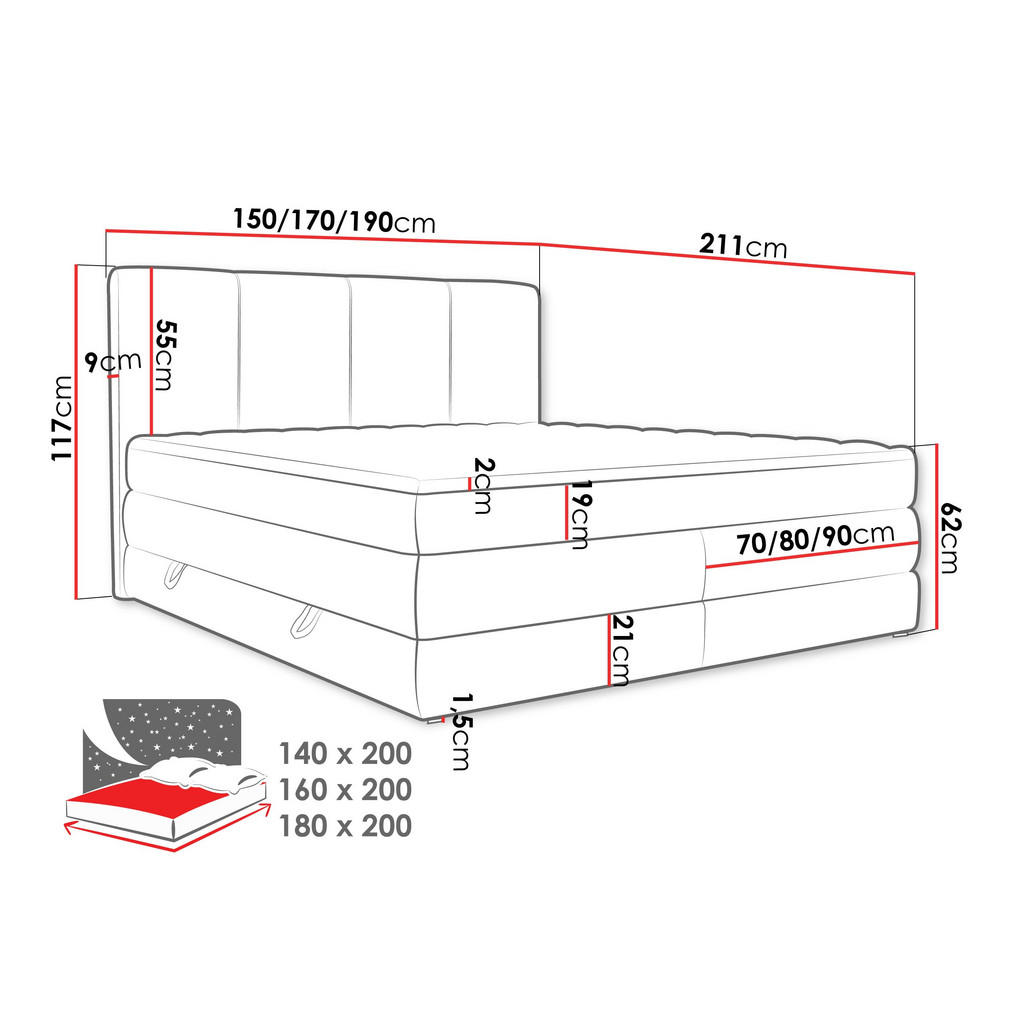 Thumbnail - Mirjan24 Boxspringbett, Hellgrau, Textil, H3, Höhe ca. 19 cm, Rechteckig, 160x200 cm, Schlafzimmer, Betten, Boxspringbet...