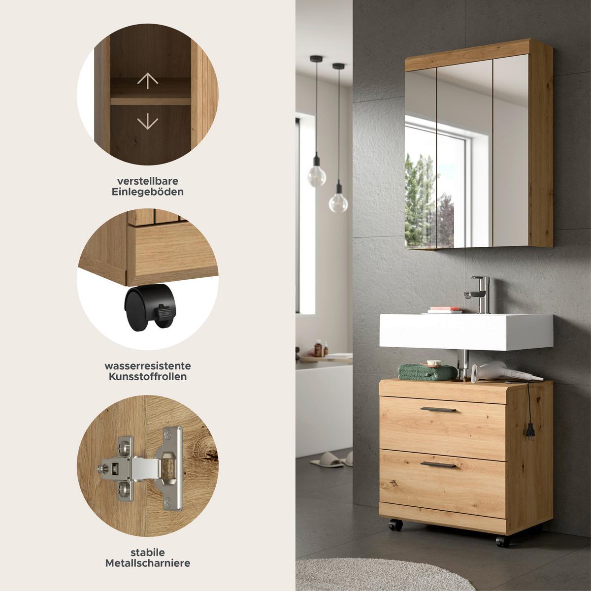 BADEZIMMER Vento 3-tlg. (B/H/T: ca. 60/191/34 cm) in Artisan Eiche /Artisan Eiche - Eiche Artisan, Holzwerkstoff (60/191/34cm)