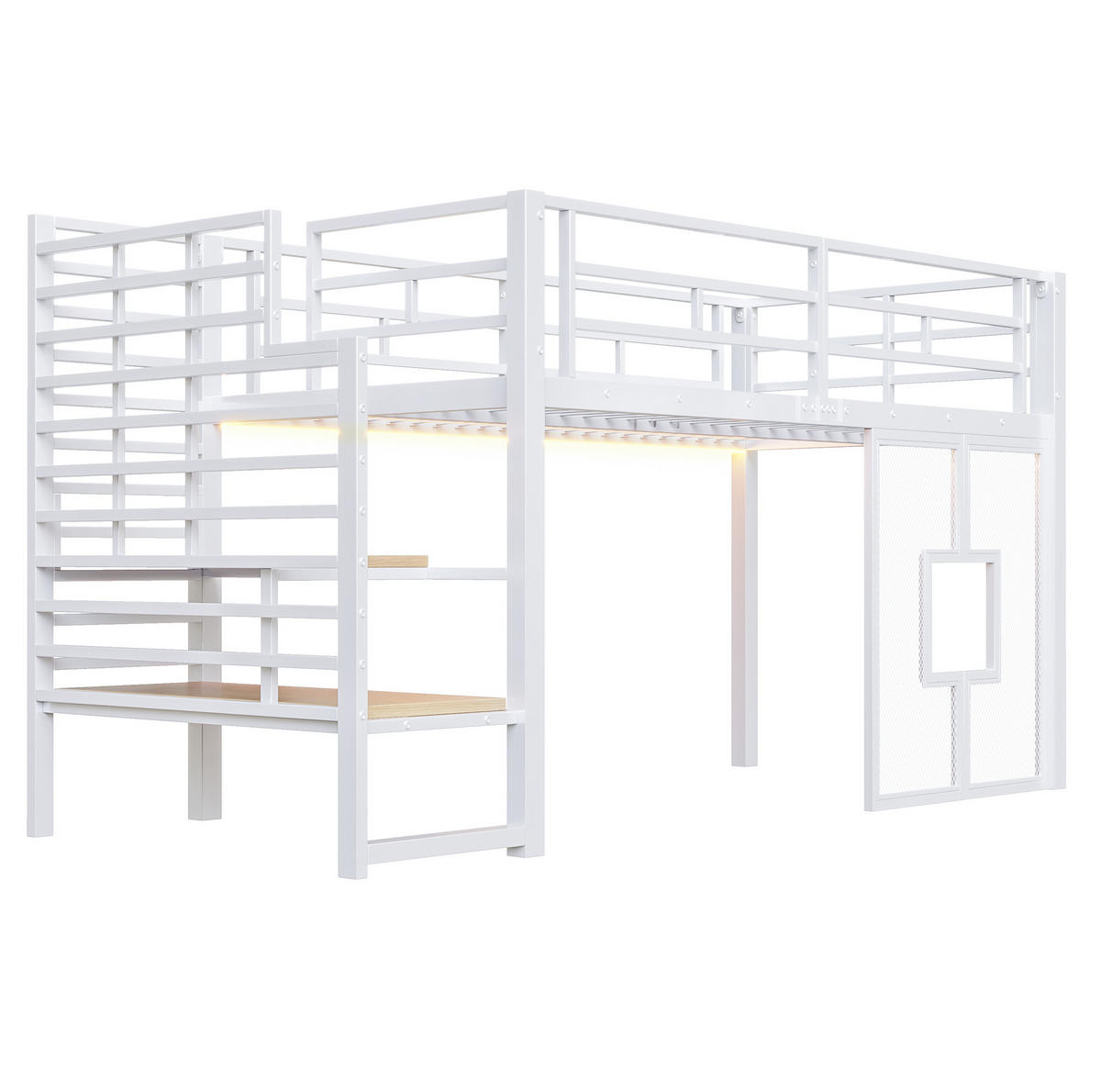 HOCHBETT 90x200 cm in Weiß mit Stauraumtreppe, LED-Beleuchtung und Fenstern - Weiß, Metall (90/200cm) - IVMEU