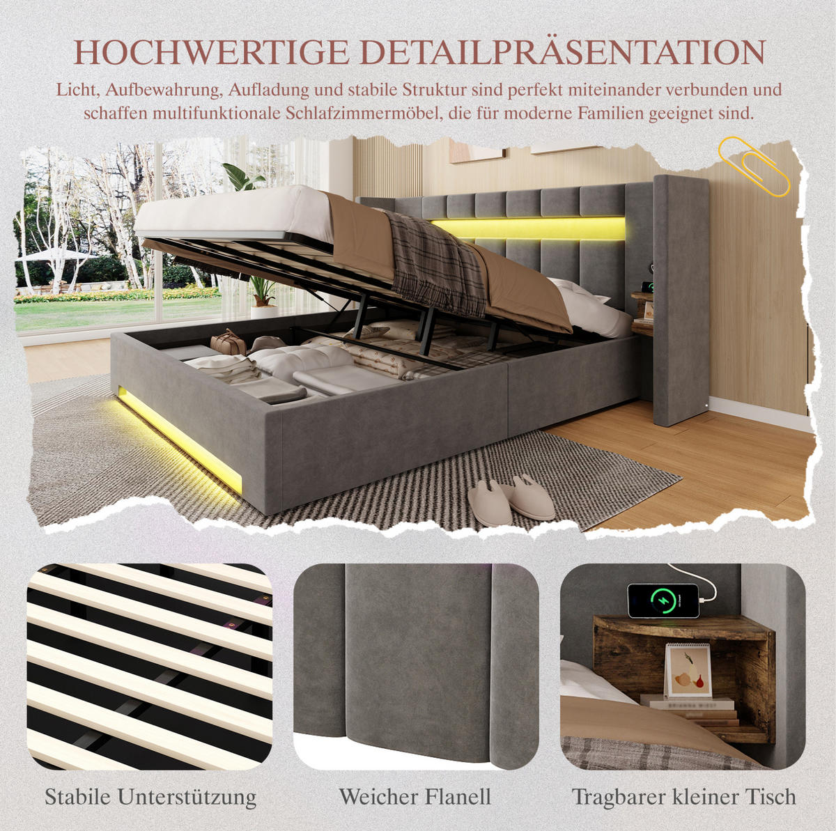 POLSTERBETT 180/200 cm mit USB-Anschlüssen, LED-Beleuchtung, Hydraulik und Stauraum, Dunkelgrau - Dunkelgrau, Textil (180/200cm) - Redom