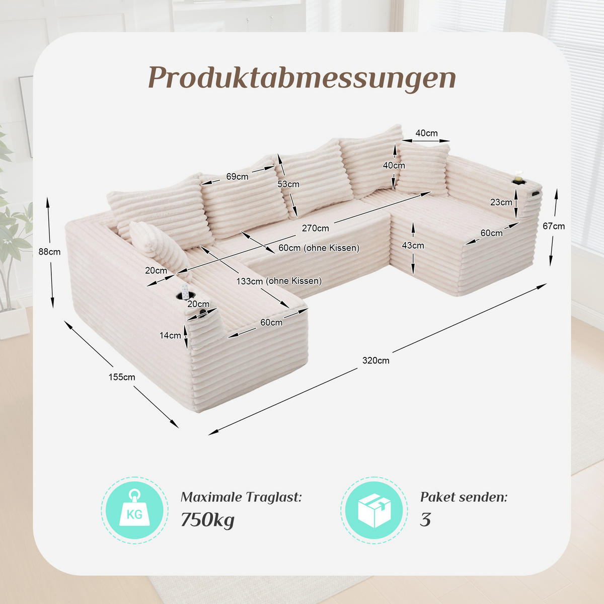 WOHNLANDSCHAFT 320/155/88 cm Beige mit Getränkehalter und Seitentasche - Beige, Textil (320/88/155cm) - Oxeza