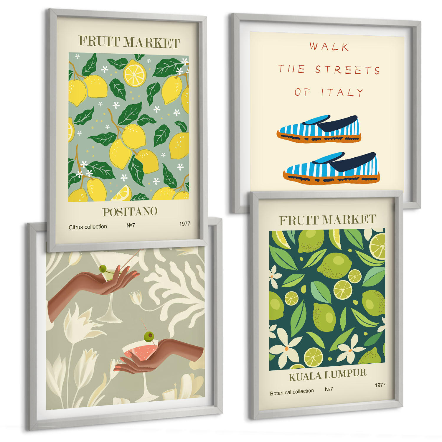 BILDER SET 4er Set - 50x50 cm & 40x60 cm Silberner Rahmen - Italienische Poster mit Fruchtmotiven - Silberfarben, Kunststoff (50/50cm) - TULUP