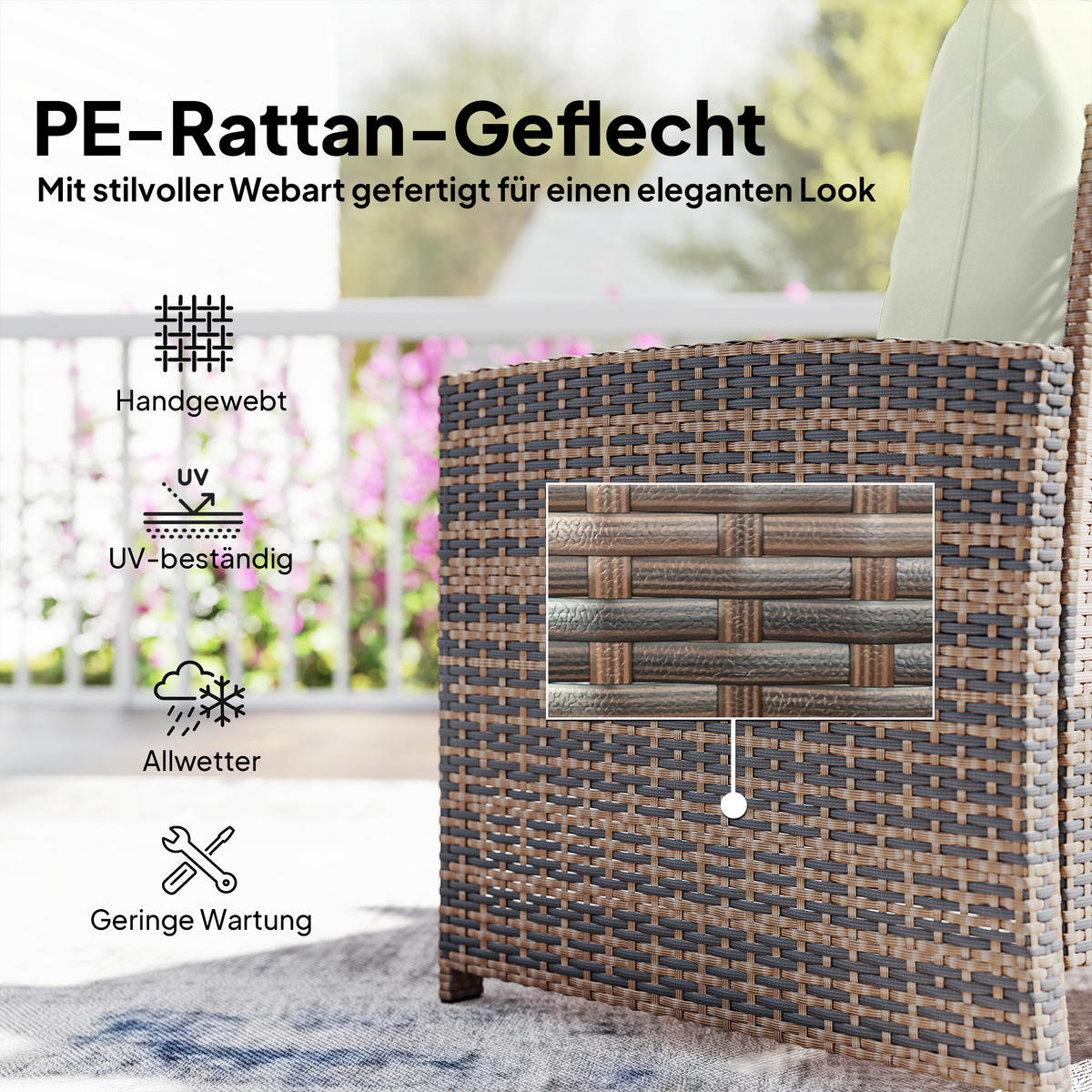 RATTAN-GARTENMÖBEL 5er Set PE-Rattan Stahl Cremeweiß - Creme/Schwarz, Kunststoff/Textil - Outsunny