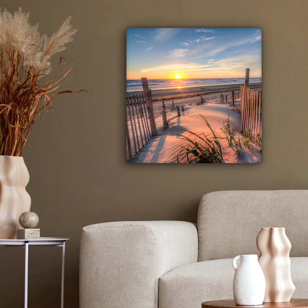 LEINWANDBILD Strand - Meer - Düne - Sonnenuntergang - Landschaft 50x50 cm - Beige, Textil (50/50cm) - MuchoWow