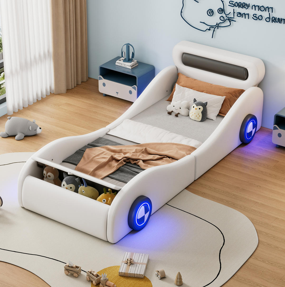 KINDERBETT Kindereinzelbetten 90/200 cm mit LED-Lichträdern, Stauraumklappe und gepolstertem Sicherheitsrahmen, Weiß - Weiß, Kunststoff (90/200cm) - Redom