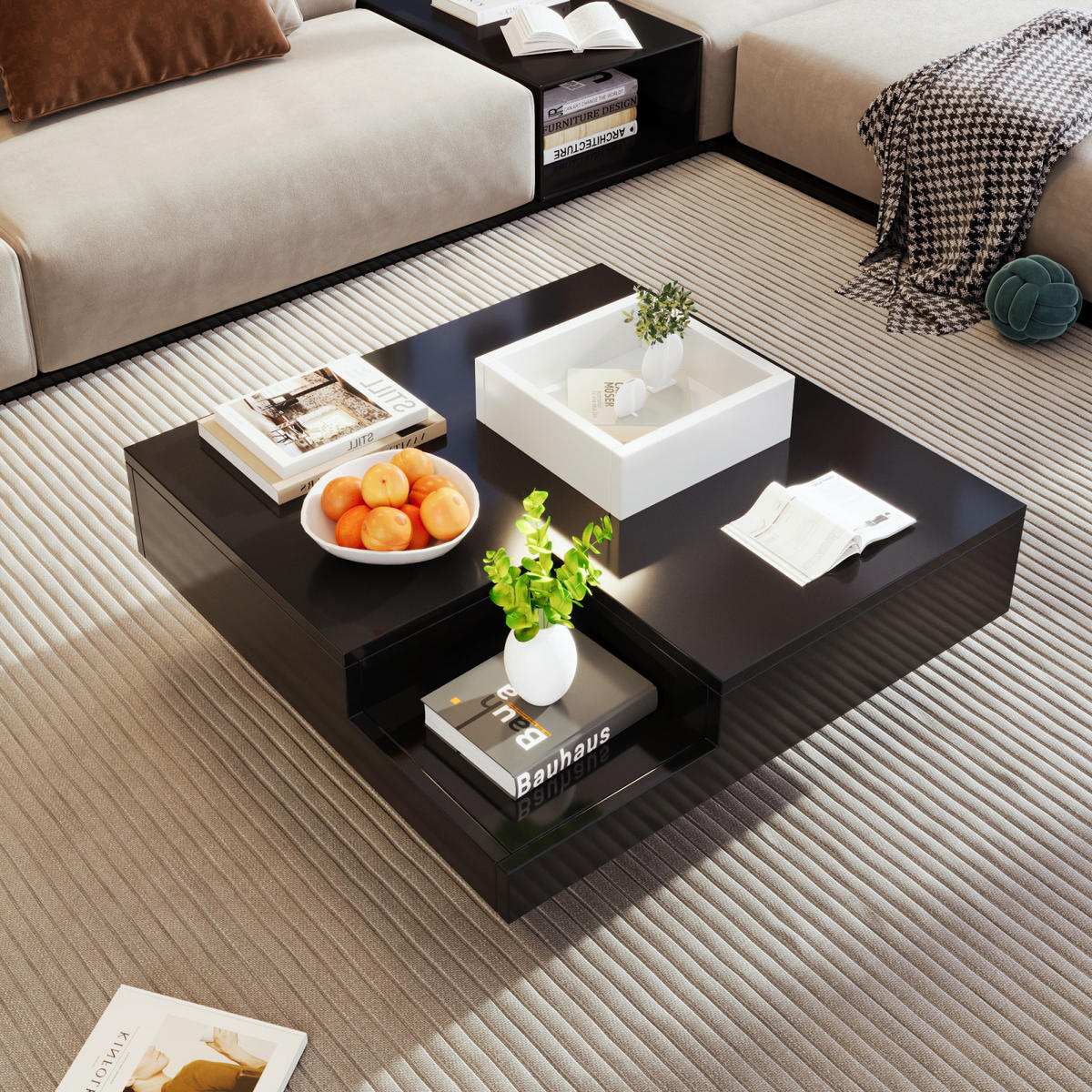 COUCHTISCH 72x72x30 cm Schwarz Hochglanz, LED, Abnehmbare Aufbewahrungsbox, Wohnzimmer - Schwarz, Holz (72/72/30cm) - PARAFTA HOME