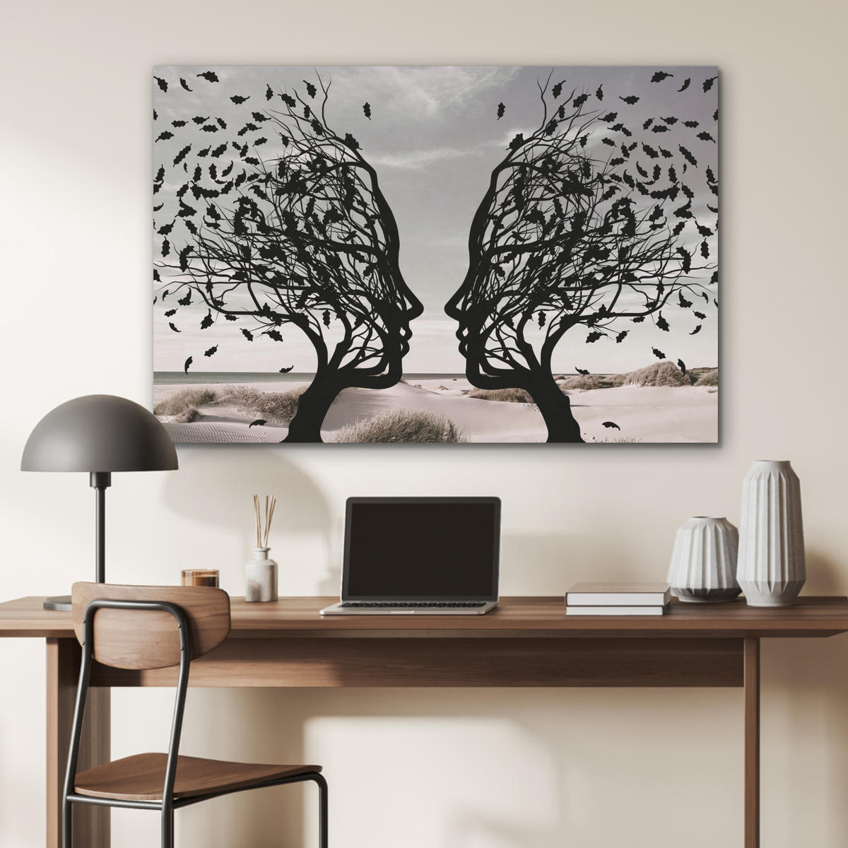 AKUSTIKBILD Strand - Meer - Menschen - Baum - Moderne Kunst Akustikpaneele 90x60 cm - Hellgrau, Kunststoff (90/60/0.9cm) - MuchoWow