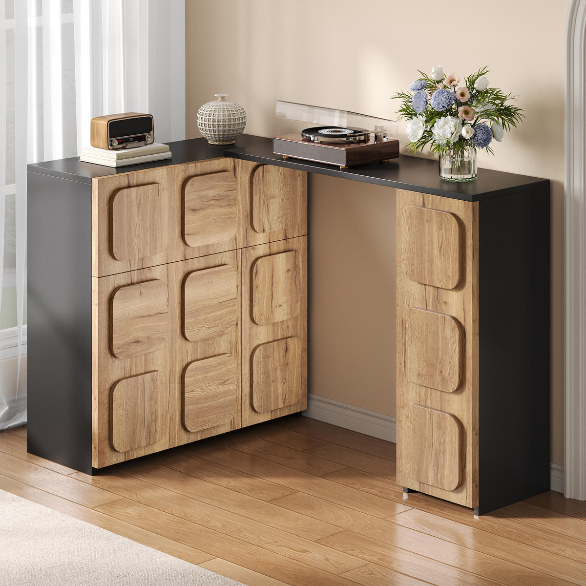 SIDEBOARD mit 3D-Front, flexible/L-Form, 3 Türen 1 Schublade, Holzoptik, Schwarz - Schwarz, Holzwerkstoff (107.5/83.5/35cm) - LVHOM