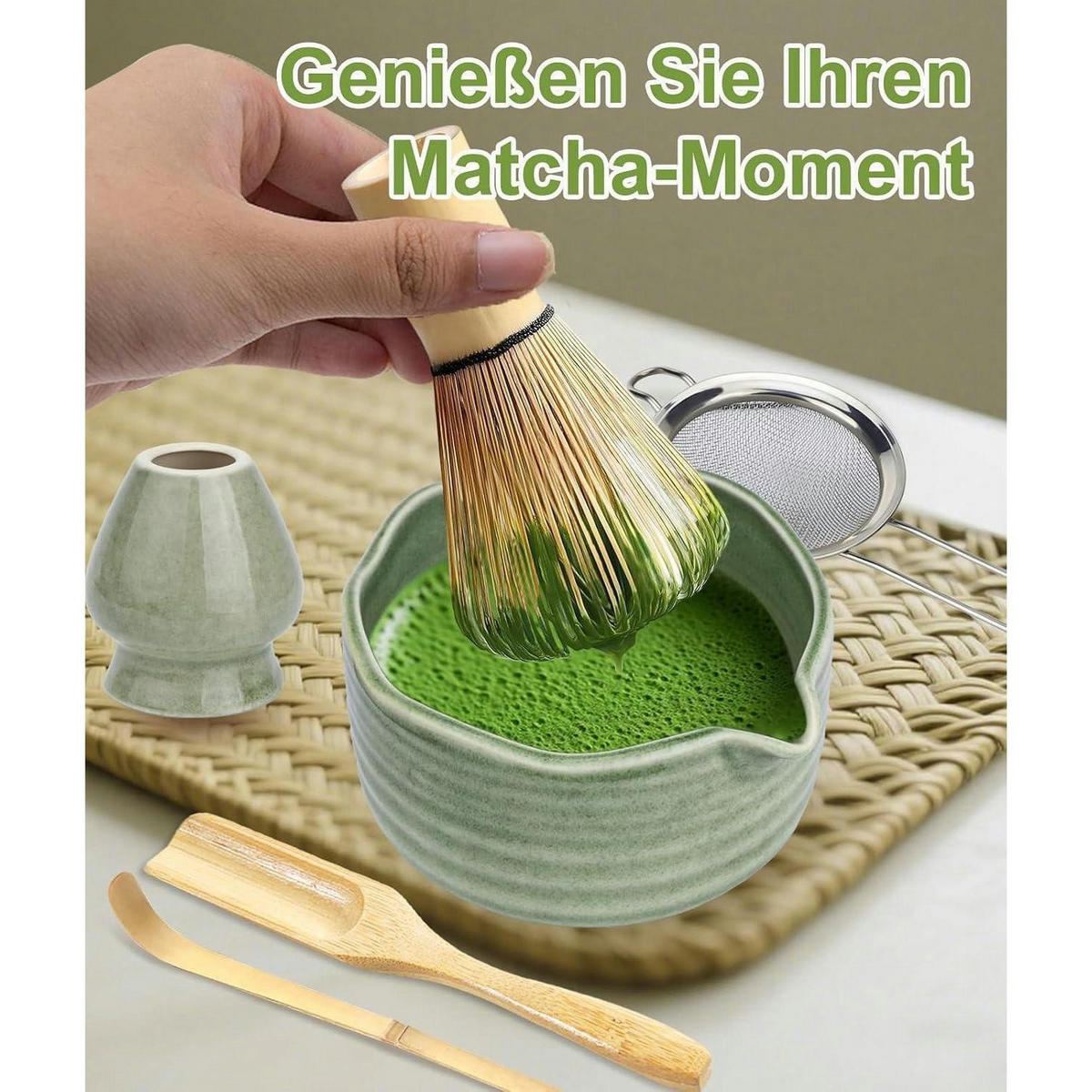 MATCHA Set 5-teilig Bambus mit Besenhalter und Sieb - Grün, Naturmaterialien (10/10/10cm)