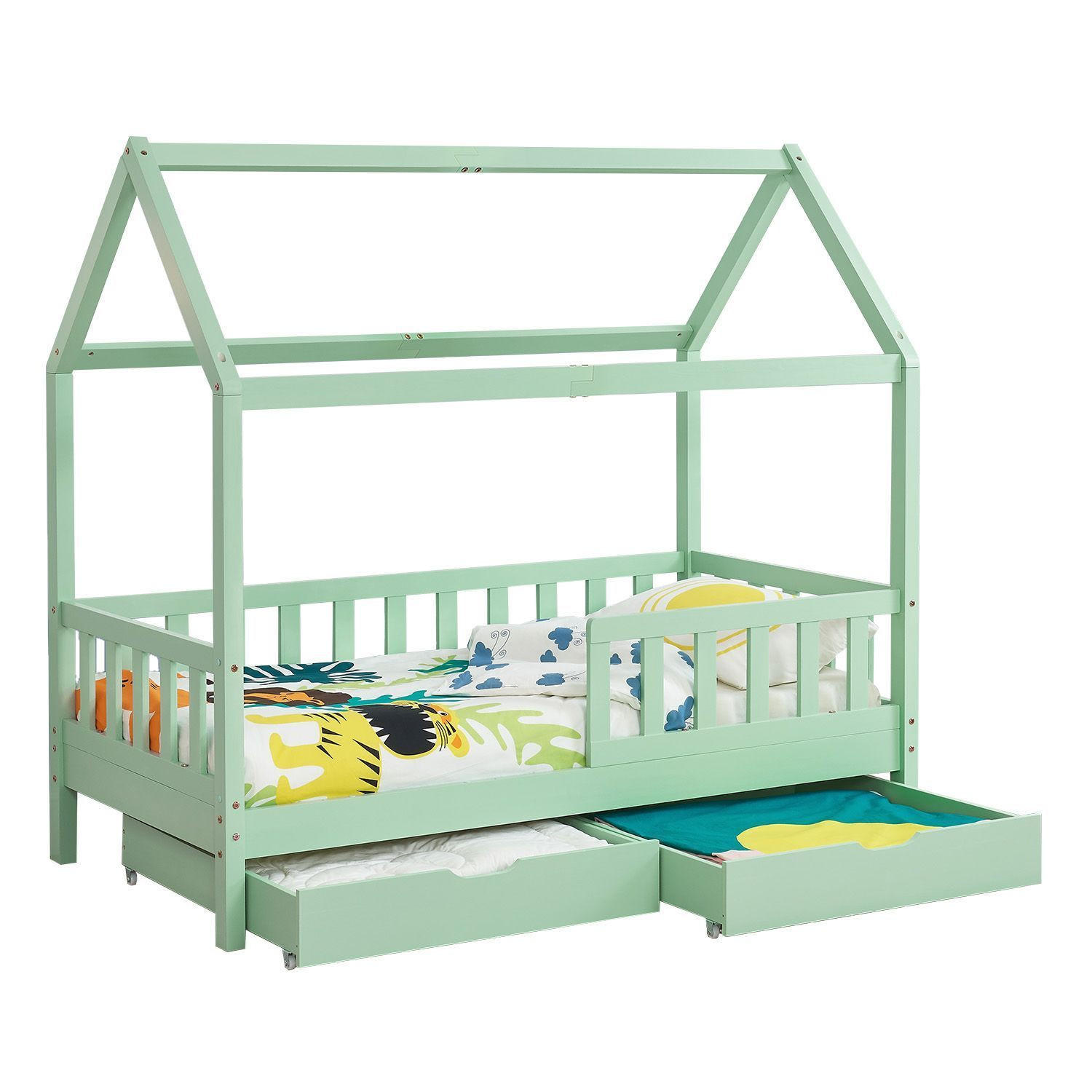 KINDERBETT Marli mit Matratze und Bettkasten mint 90x200 cm - Mintgrün, Holz (90/200cm) - Juskys