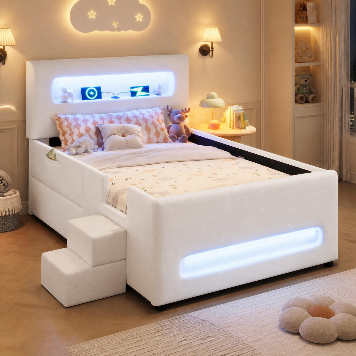 POLSTERBETT 90/200 mit Schublade, LED und USB in Weiß - Weiß, Holzwerkstoff/Textil (90/200cm) - EVRYAE