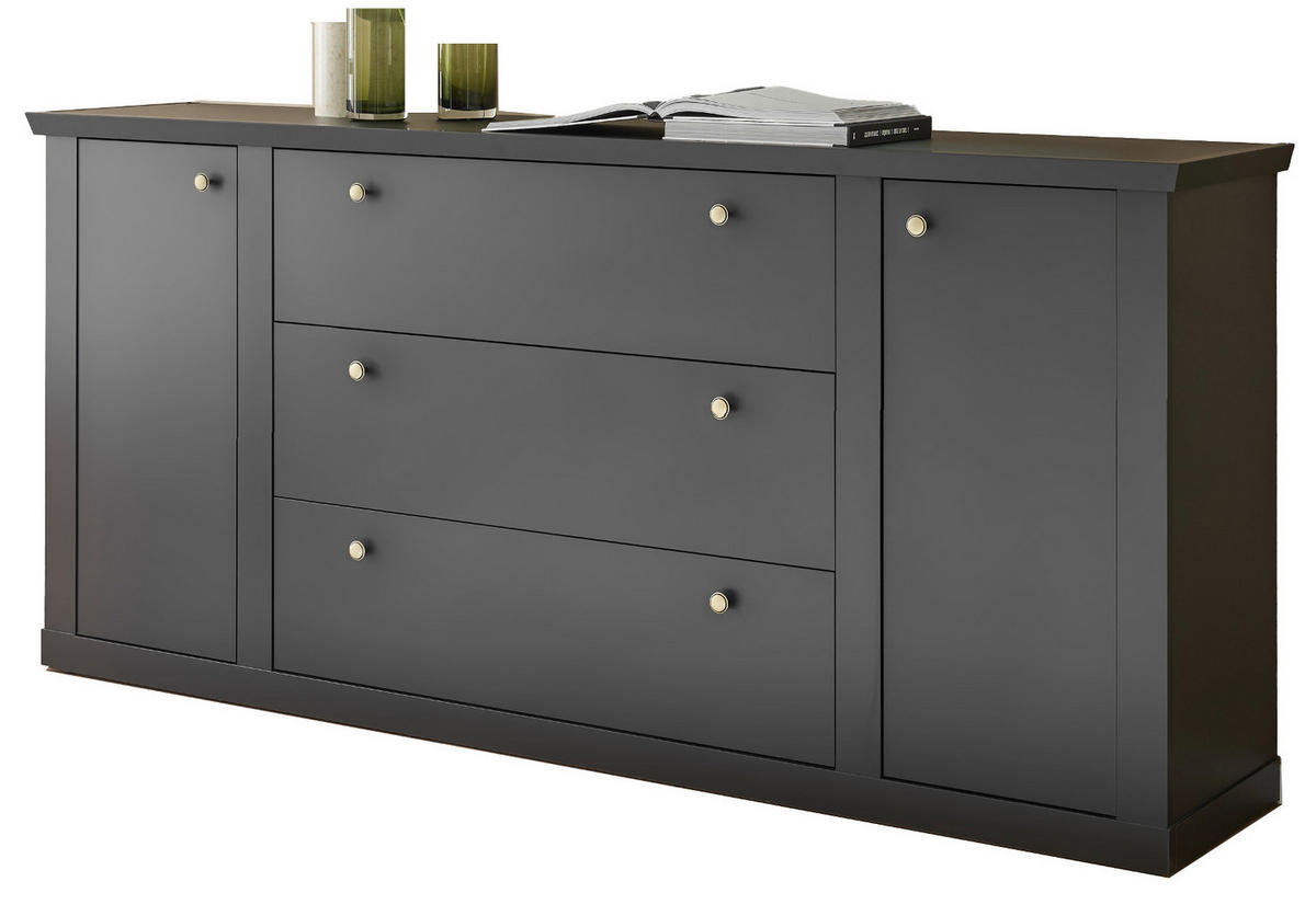 SIDEBOARD schwarz matt, Eiche Landhaus 205 cm, Kommode mit Soft-Close - Eichefarben/Messingfarben, Holzwerkstoff/Metall (205/92/42cm) - Furn.Design
