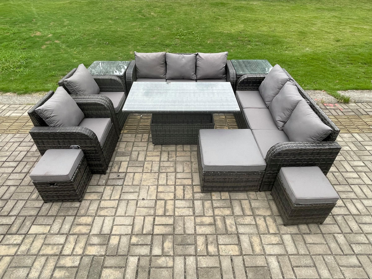 GARTENSET Polyrattan 11-Sitzer - Dunkelgrau/Grau, Glas/Kunststoff - Fimous