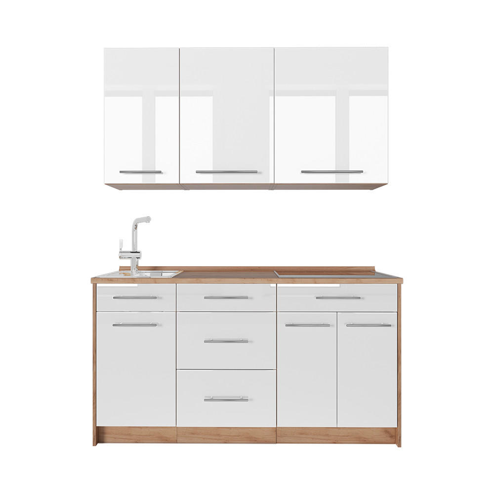 SINGLEKÜCHE Fame-Line, Weiß Hochglanz/Goldkraft Eiche, 150 cm, AP Eiche - Honigeiche/Weiß Hochglanz, Holzwerkstoff (150/82/60cm) - Vicco