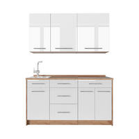 SINGLEKÜCHE Fame-Line, Weiß Hochglanz/Goldkraft Eiche, 150 cm, AP Eiche - Honigeiche/Weiß Hochglanz, Holzwerkstoff (150/82/60cm) - Vicco