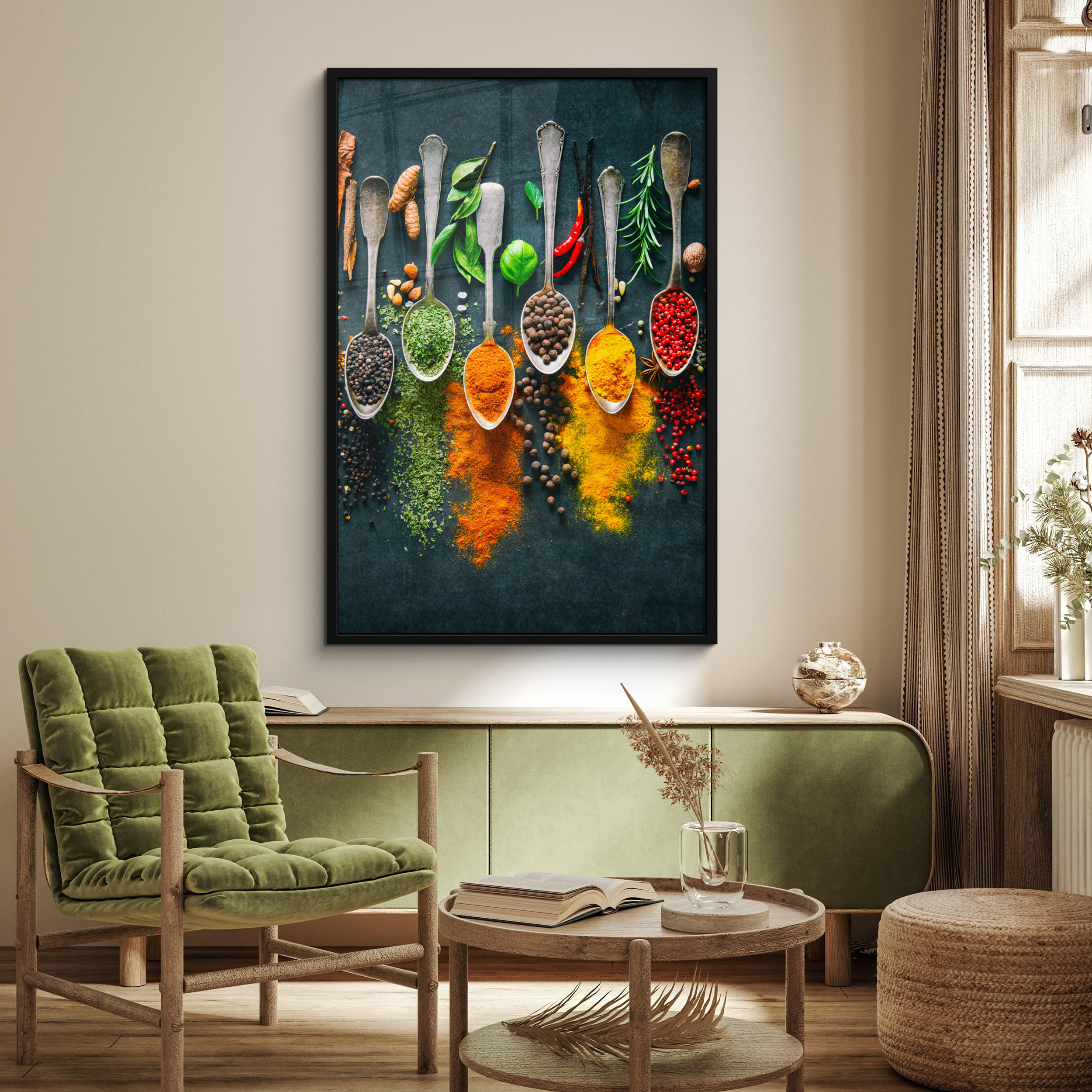 GERAHMTES BILD Kräuter - Gewürze - Löffel 80x120 cm - Currygelb, Papier (80/120cm) - MuchoWow