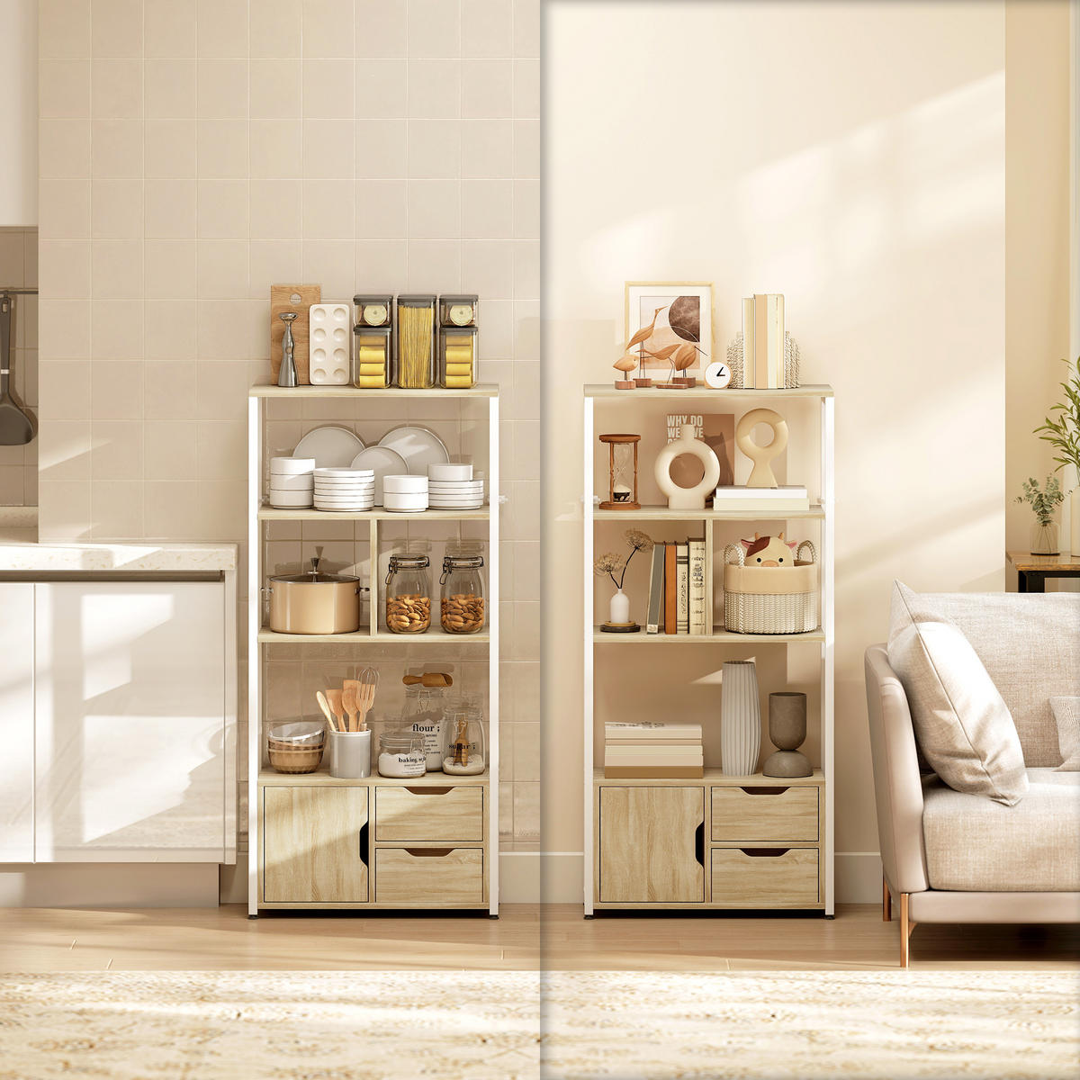BÜCHERREGAL,BÖDEN Schubladen Tür Industriestil 58x24x122cm,weiß-naturholz - Weiß, Holzwerkstoff (58/122/24cm) - Vallsero