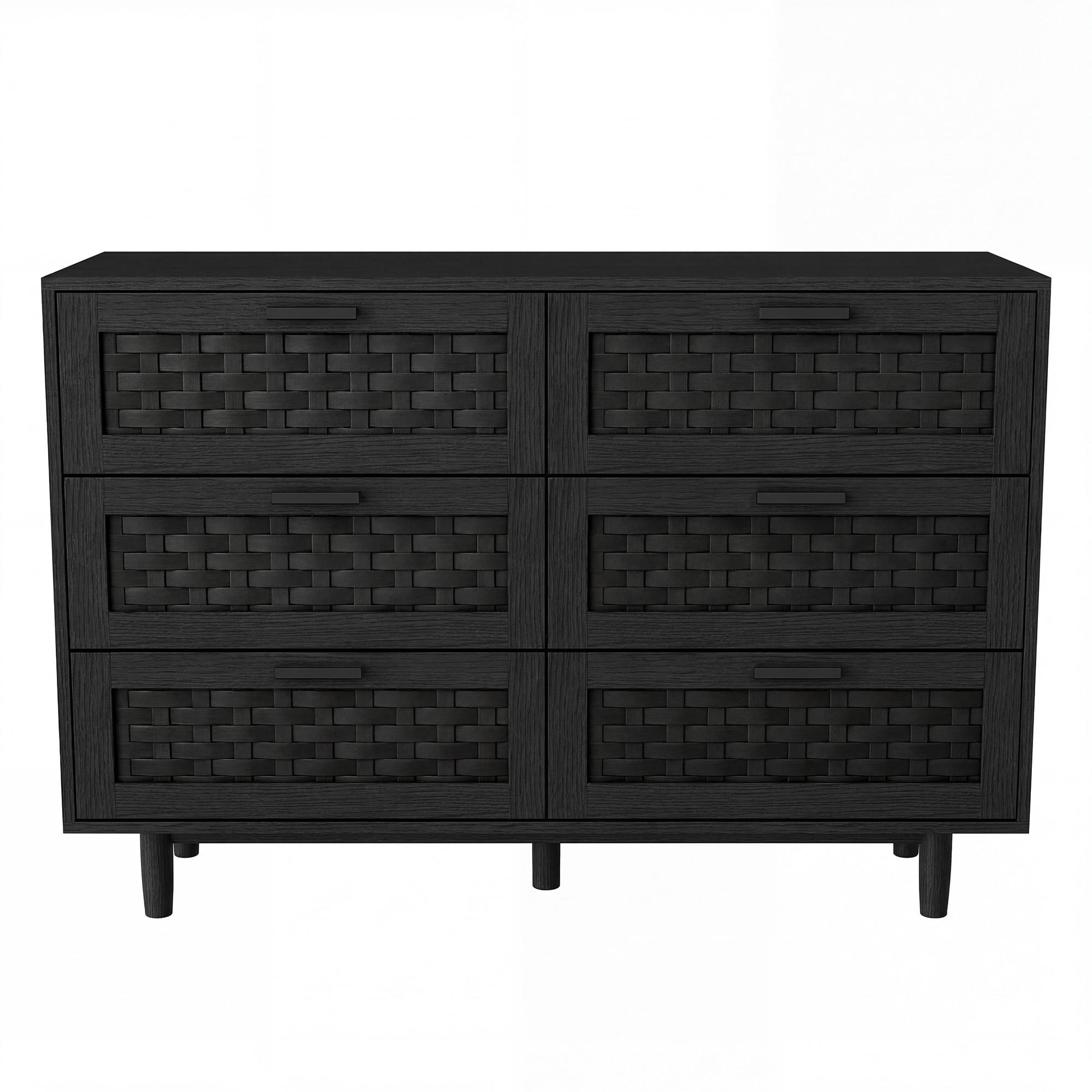 EuroLiving KOMODA, imitace dřeva, 6 zásuvek, PVC proutí, 115×40×80 cm, černá