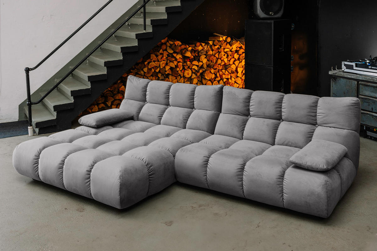 ECKSOFA VIVIEN Steingrau Velvet - Schwarz/Grau, Kunststoff/Textil (290/178cm) - KAWOLA