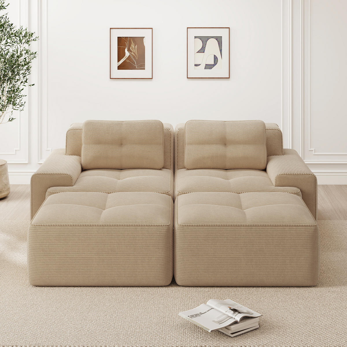 2-SITZER SOFA Cord Beige mit Ottomane - Beige, Textil (204/69/177cm) - WISHDOR