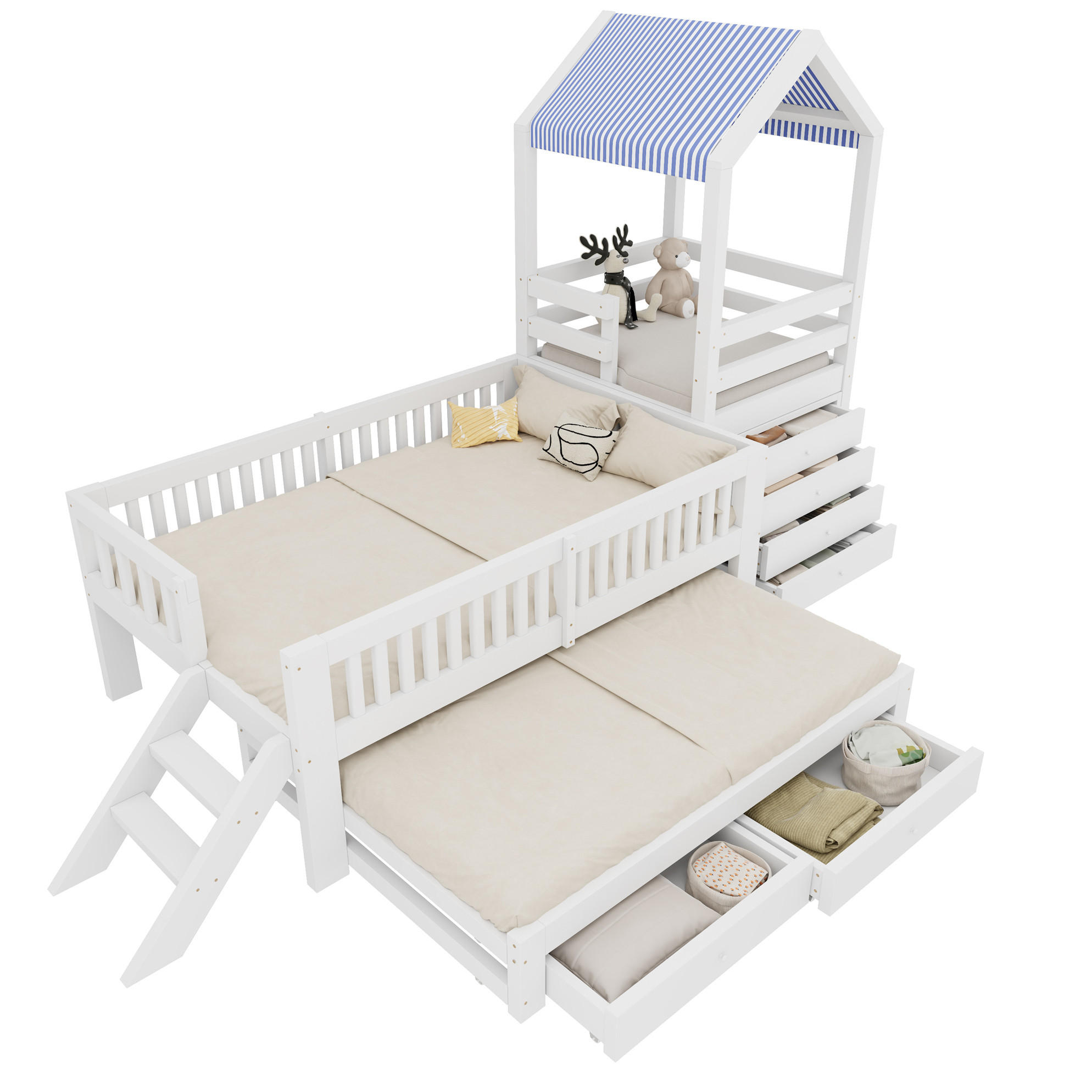 KINDERHAUSBETT 90x200 cm Weiß aus Massivholz mit Ausziehbett 90x190 cm, Treppe, Schubladen und Stoffdach - Weiß, Holz (90/200cm) - Modfu