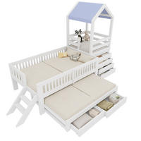 KINDERHAUSBETT 90x200 cm Weiß aus Massivholz mit Ausziehbett 90x190 cm, Treppe, Schubladen und Stoffdach - Weiß, Holz (90/200cm) - Modfu