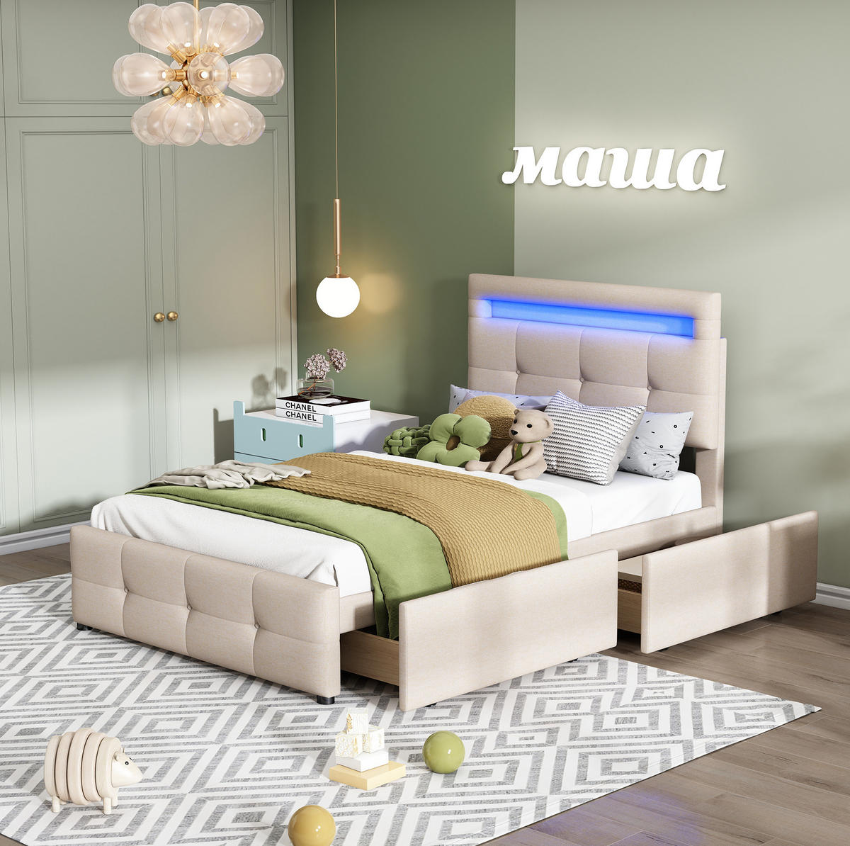 POLSTERBETT 90/200 cm Beige mit LED-Beleuchtung und 2 Schubladen - Beige, Holzwerkstoff (90/200cm) - Flora Grace
