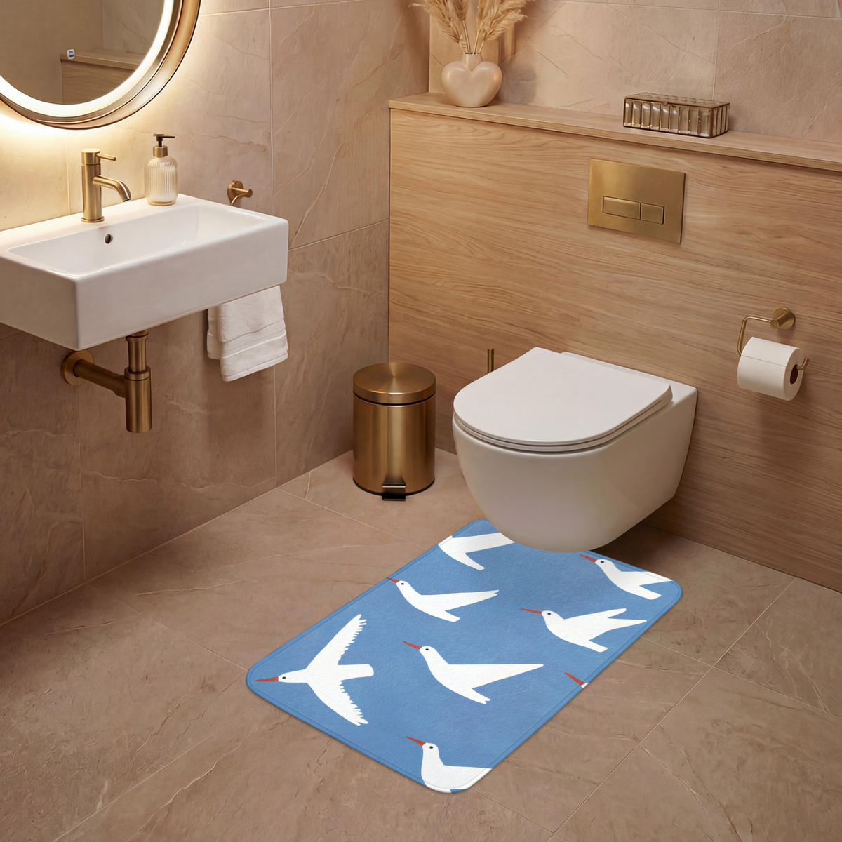 WC PŘEDLOŽKA Ptáci - bílá - vzor 50x80 cm - modrá, textil/plast (50/1cm) - OnlyWow