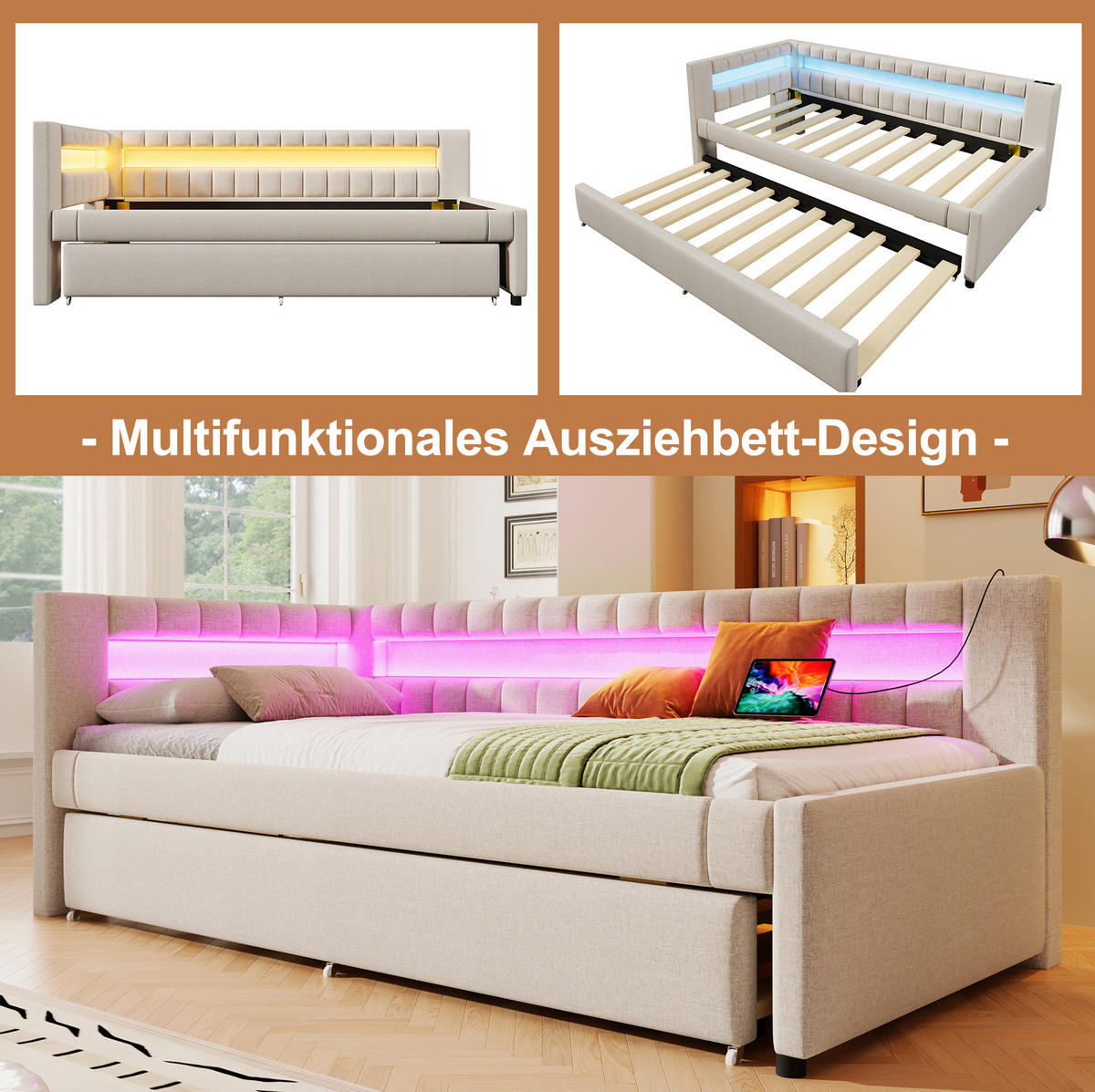 POLSTERBETT 90/200 cm Beige aus Leinen mit Ausziehbett und LED-Lichtleiste - Beige, Textil (90/200cm) - OKMYHOME