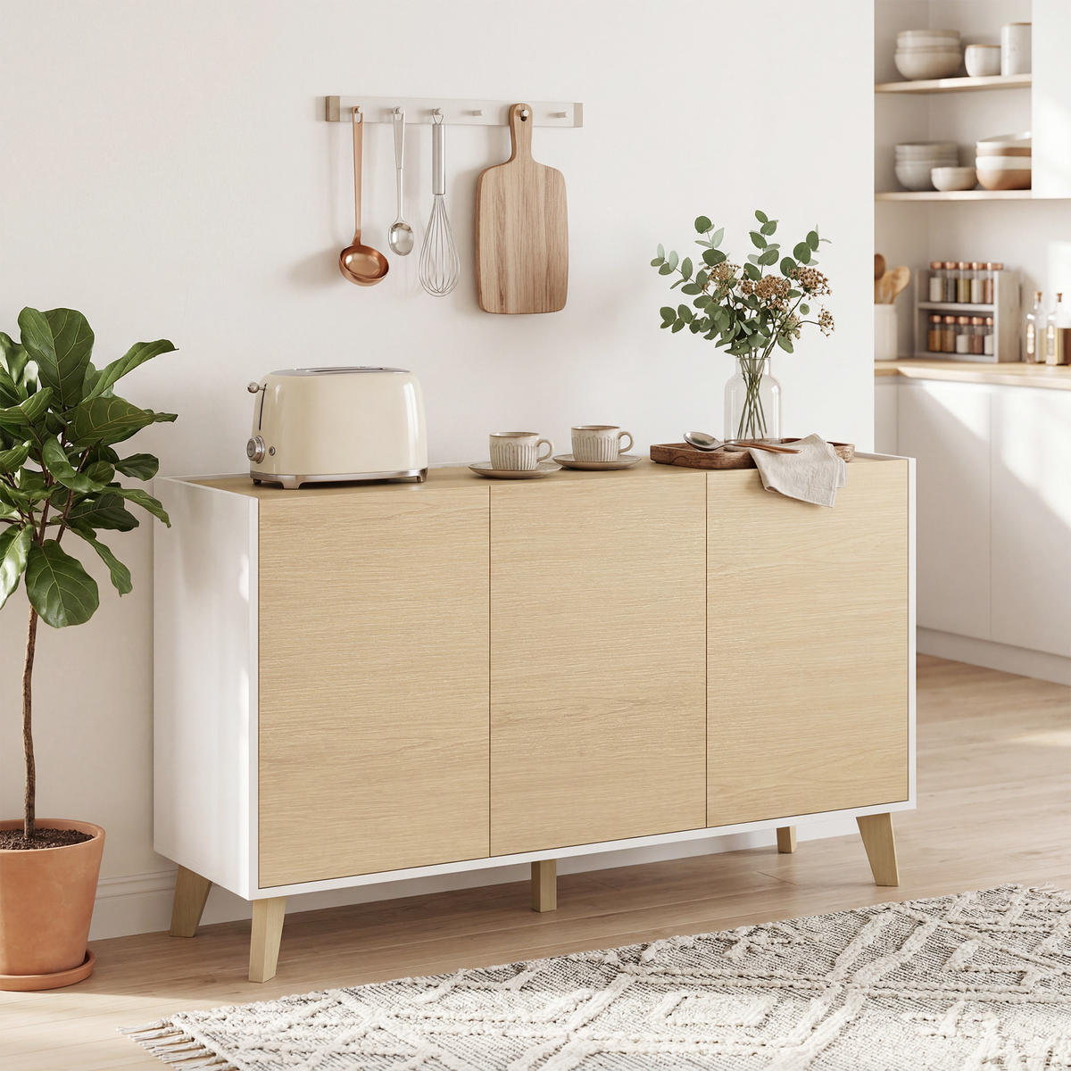 SIDEBOARD Holzfarben und Weiß, 3 Türen, 120/35/73,5 cm - Weiß, Holz (120/73.5/35cm) - PANGIVO