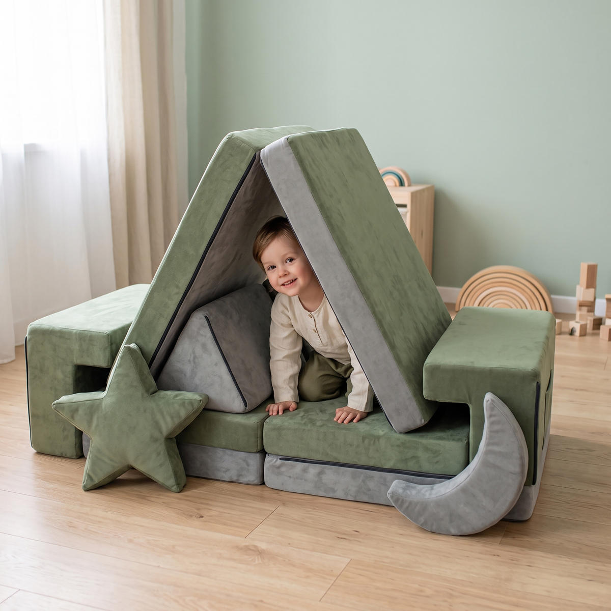 SPIELSOFA Grün Kinder modular 10-tlg. - Multicolor, Kunststoff/Textil (140/45/65cm) - Relaxdays