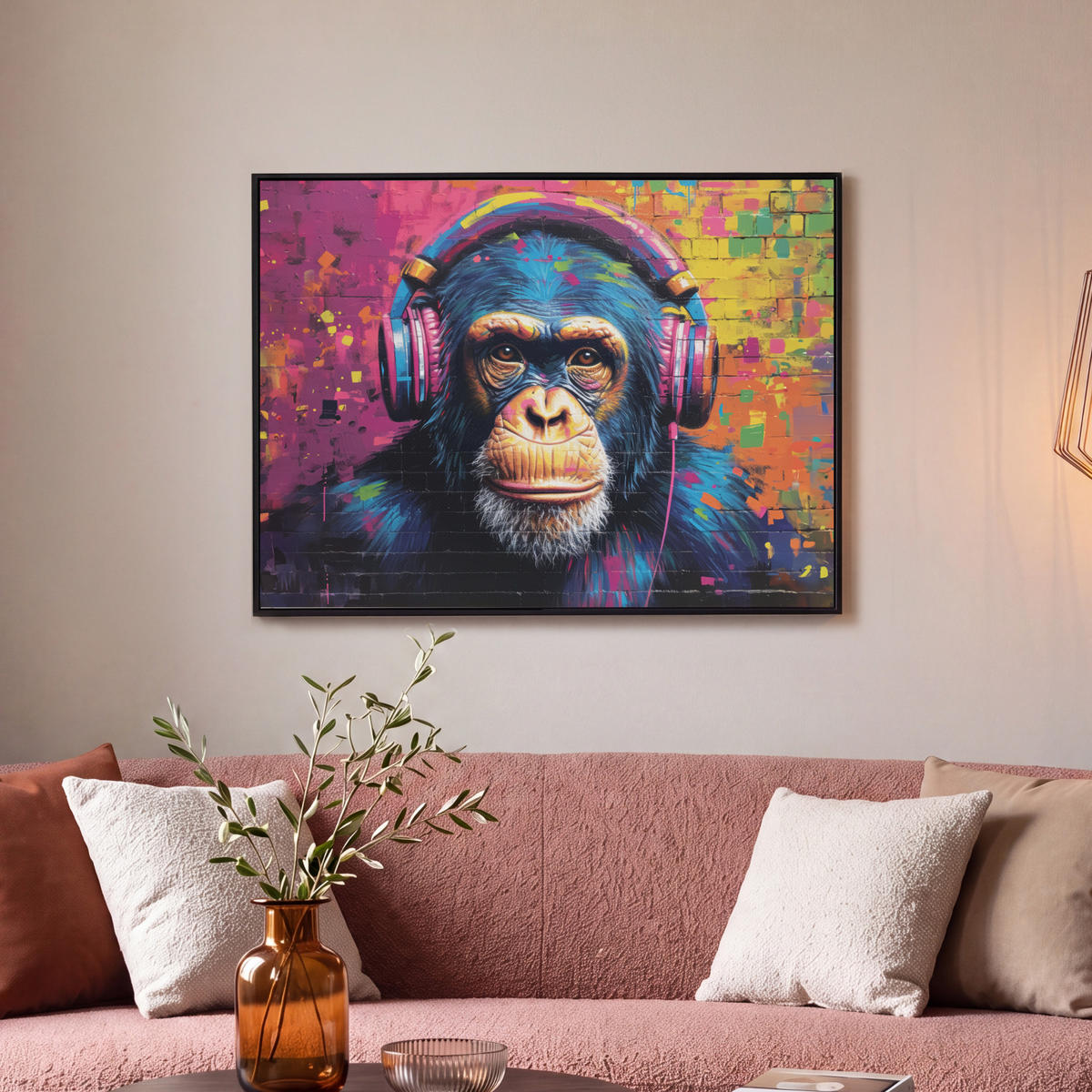 LEINWAND Bilder mit Rahmen - Graffiti - Schimpanse - Straßenkunst - Kopfhörer - Affe - 70x50 - Blau, Textil (70/50cm) - MuchoWow