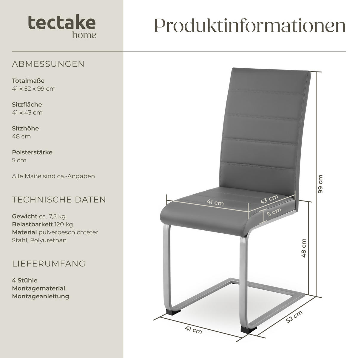 SCHWINGSTUHL 4er Set Bettina 41 x 52 x 99 cm grau - Grau, Textil (52/99/41cm) - tectake