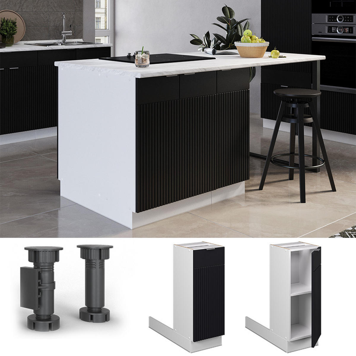 KUCHYŇSKÝ OSTROV Fame-Line Černý pruhovaný - bílá/černá, kompozitní dřevo (30/82/70cm) - Vicco