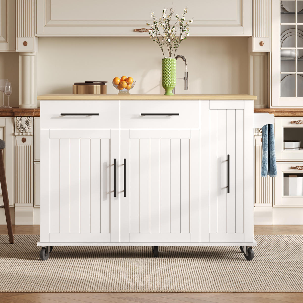 MOBILER Kücheninselwagen 120x65x90cm Weiß mit Auszug, Klappplatte & 5 Rollen - Weiß, Holzwerkstoff (120/90/65cm) - Modfu