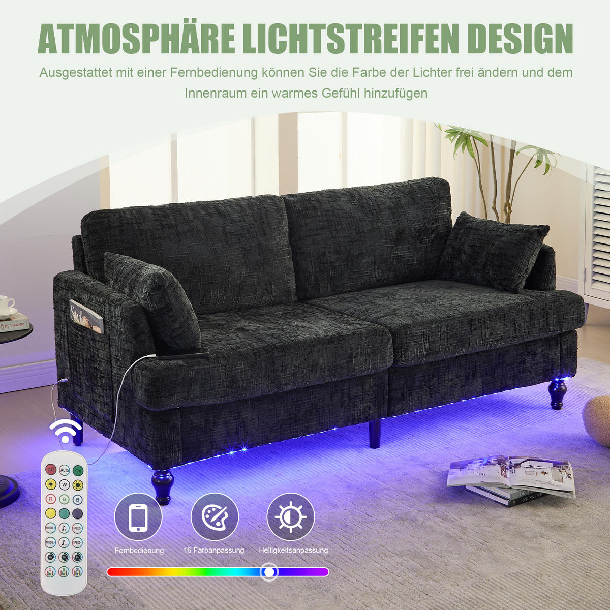 2-SITZER Sofa Chenille mit USB-Anschluss und LED-Beleuchtung 175/83/78 cm Schwarz - Schwarz, Textil (175/78/83cm) - Redom