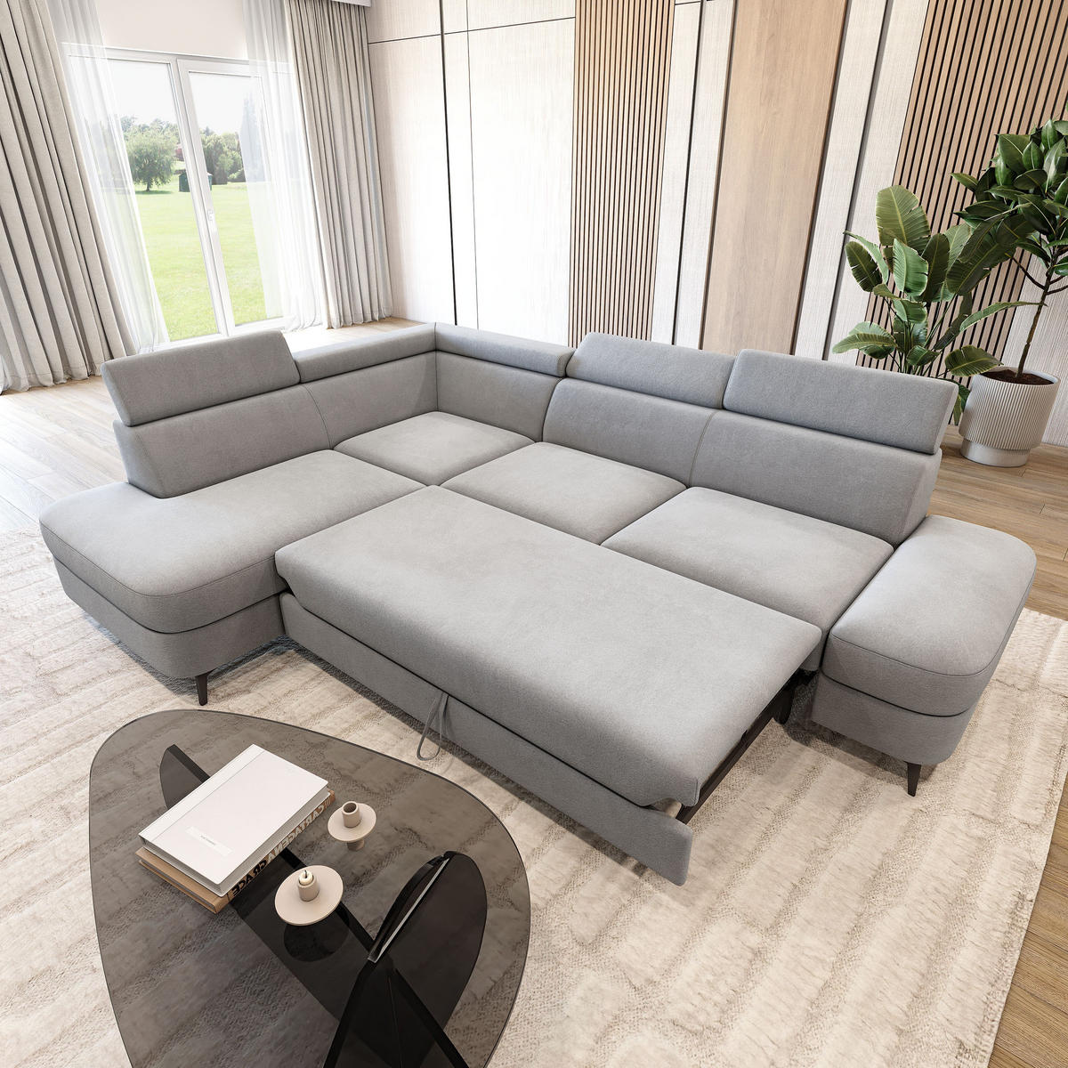 ECKSOFA AVISE MV L-S Hellgrau Velours-Stoff mit Schlaffunktion - Hellgrau, Holzwerkstoff/Textil (268/195cm) - MASSENO