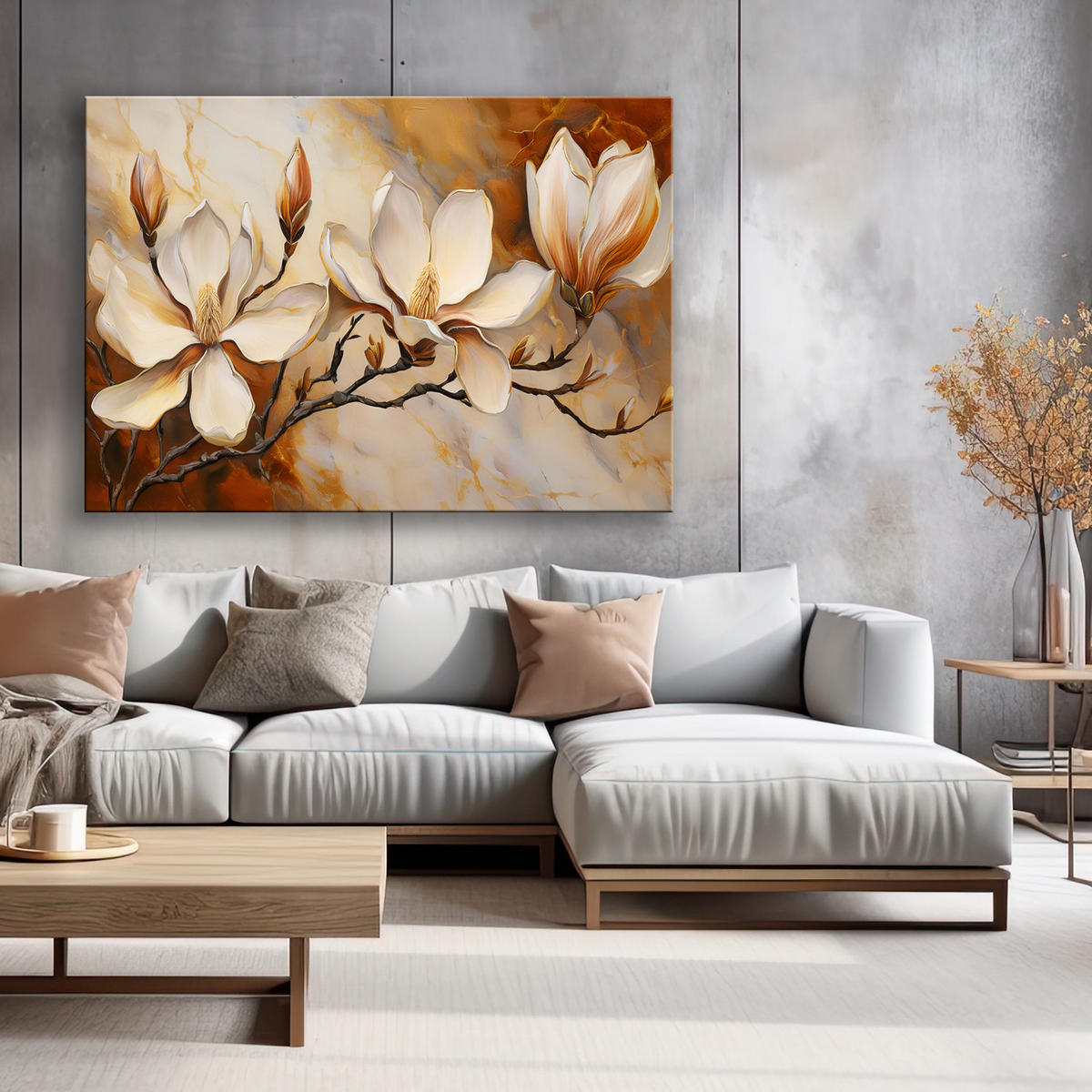 WANDBILD magnolien glamour zweig marmor - Beige, Textil (60/40cm) - Feeby