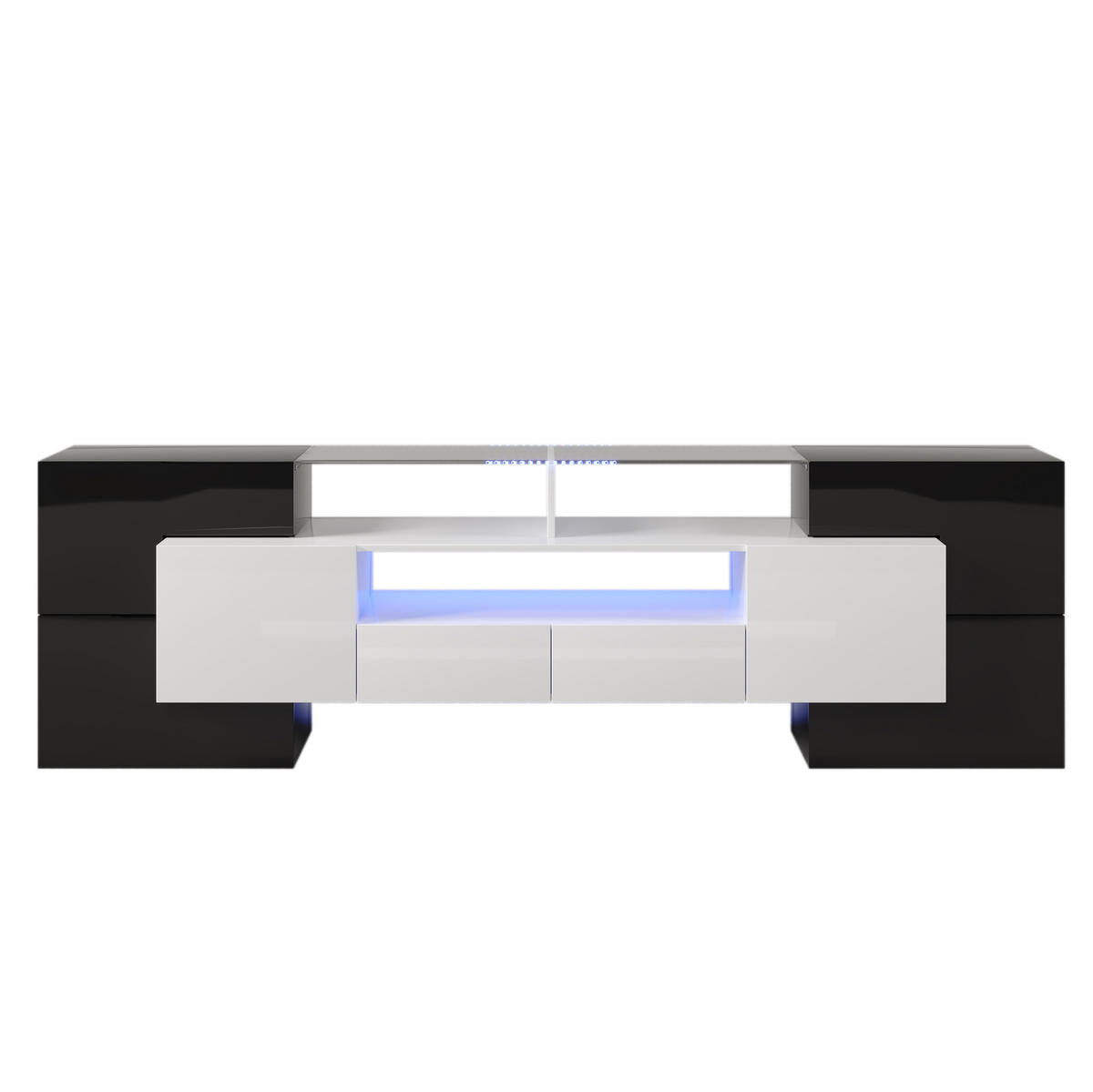 TV ormarić 200/35/60 cm crno-bijeli od iverice i MDF-a s LED rasvjetom i staklenom površinom - crna, drvni materijal (200/60/35cm) - OKWISH