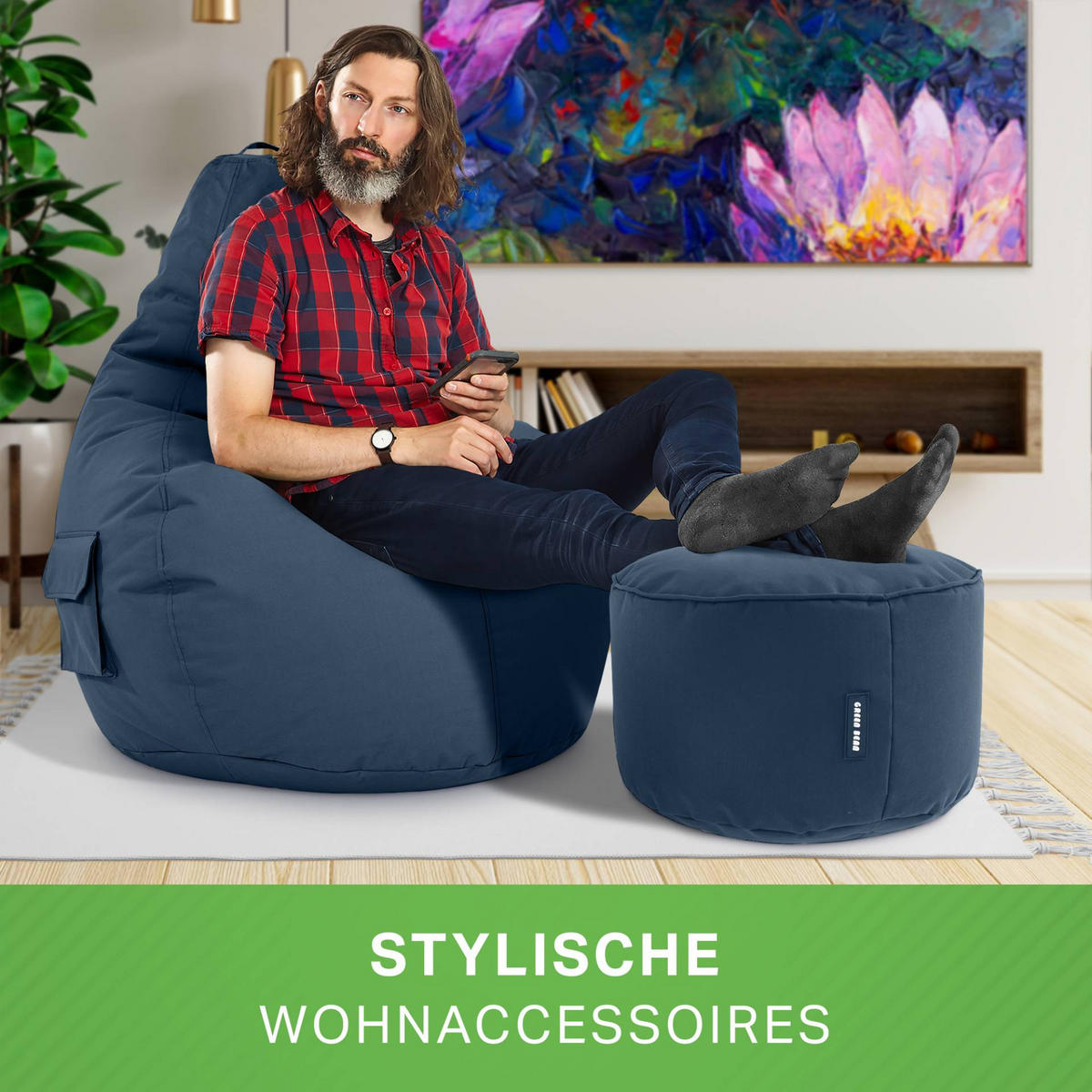 SITZSACK + Hocker "Cozy+Stay" 2er Set - Dunkelblau, Textil (70/90/80cm) - Green Bean