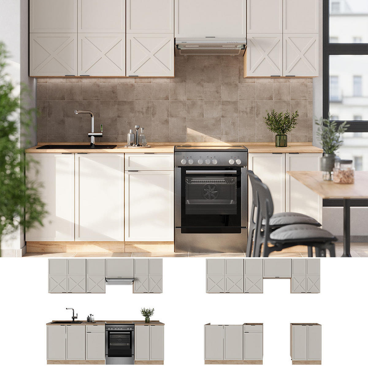 KÜCHENZEILE Fame-Line GrauBeige/Goldkraft Eiche 240 cm, AP Eiche - Honigeiche/Grau, Holzwerkstoff (240/81.6/60cm) - Vicco