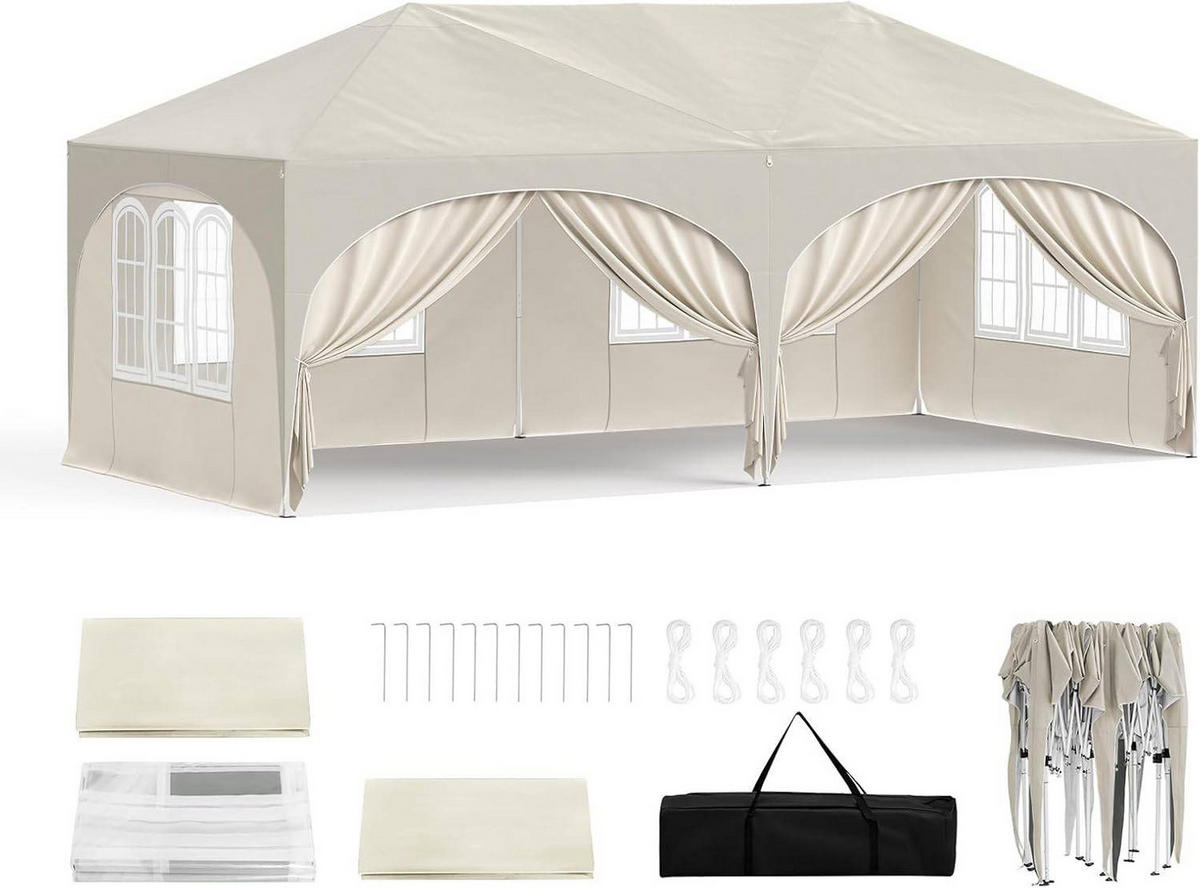 PAVILLON, Faltpavillon 3x6 m, mit 6 Seitenwänden, Grün - Beige, Metall (300/250/600cm) - Woltu